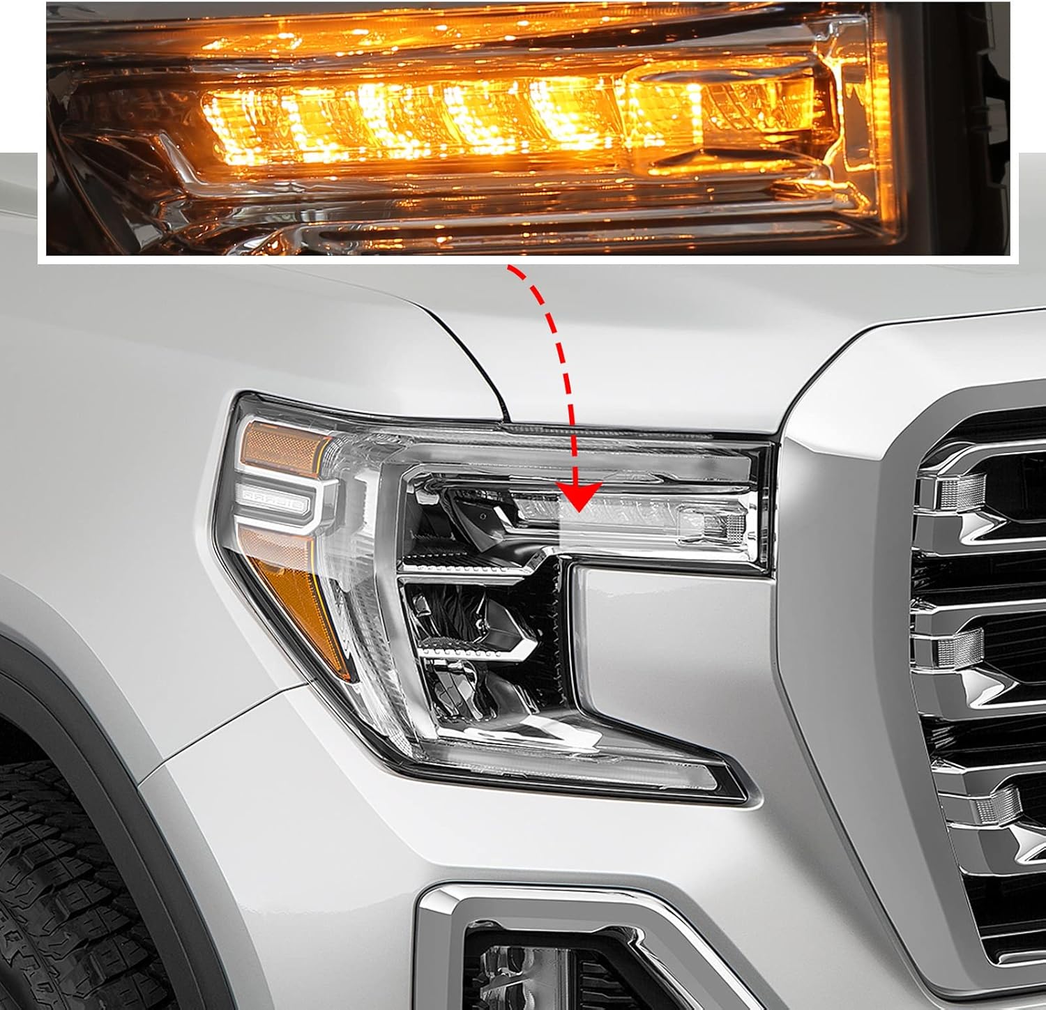 FIONE for GMC Sierra 1500 HeadLight Assembly 2019 2020 2021 2022 LED Projector Replacement Head Lamp with LED DRL Turn Signal Light Chrome Housing Clear Lens Right Passenger Side RH 84507049