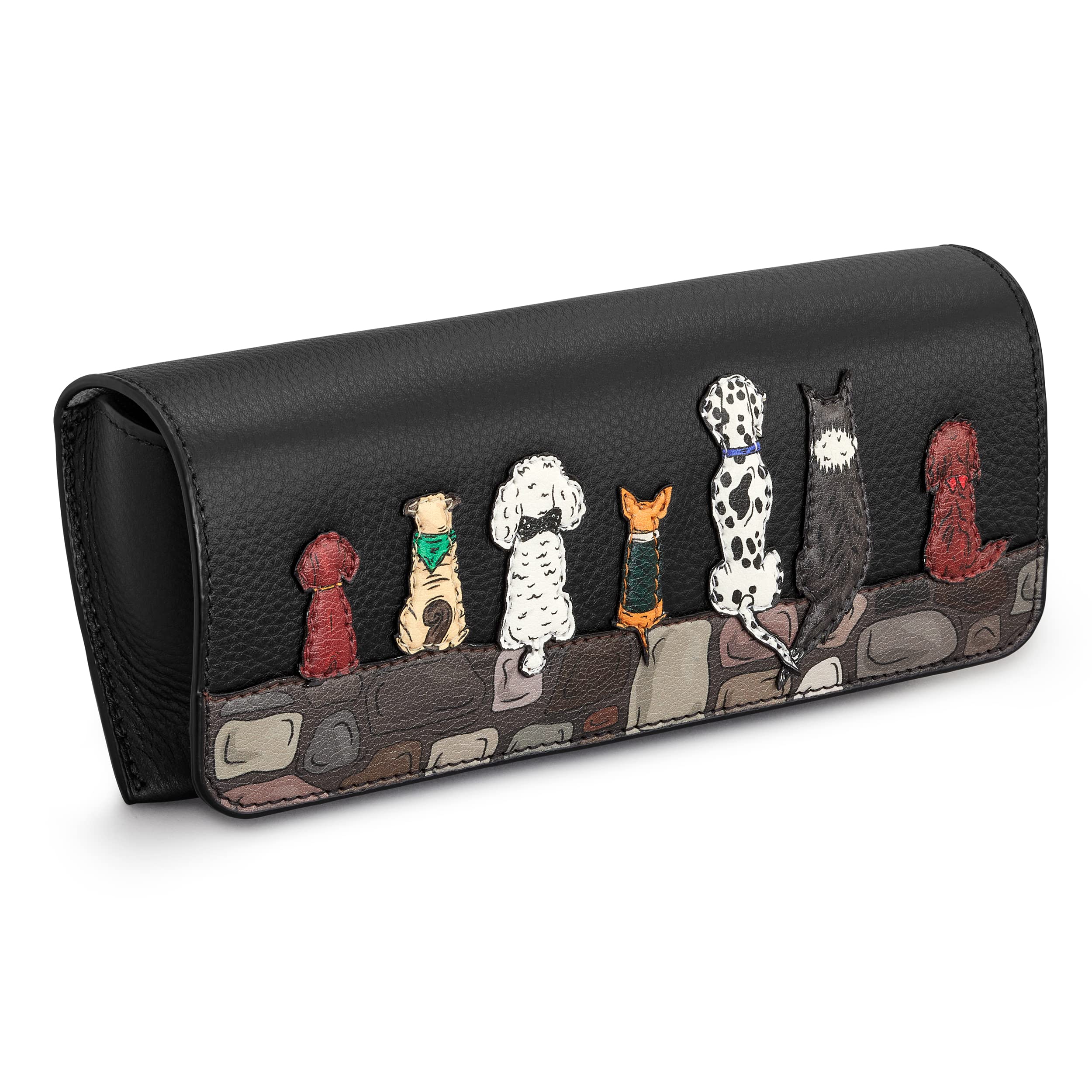Yoshi Bark to Bark Leather Glasses Case, Sunglasses Case, Flap Over, Black Leather, Dog Theme
