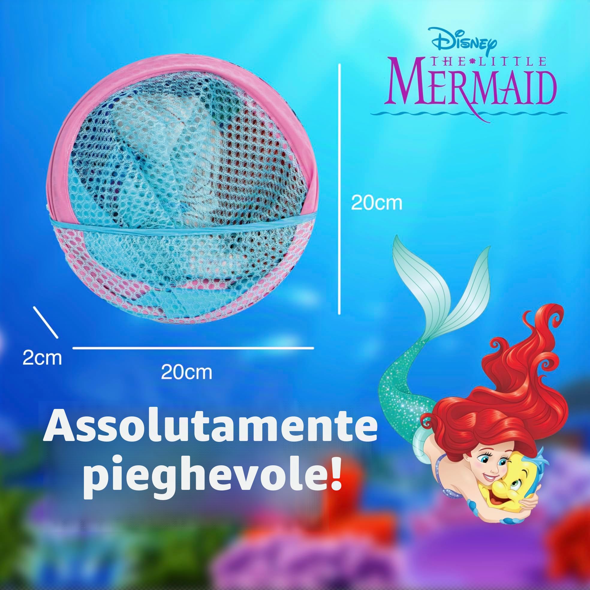 SUPERDIVER - Cesto pieghevole di Ariel La Sirenetta - Licenza Ufficiale Disney The Little Mermaid - Perfetto per giocattoli e vestiti - 36x36x58 cm - Ideale per bambini e bambine.