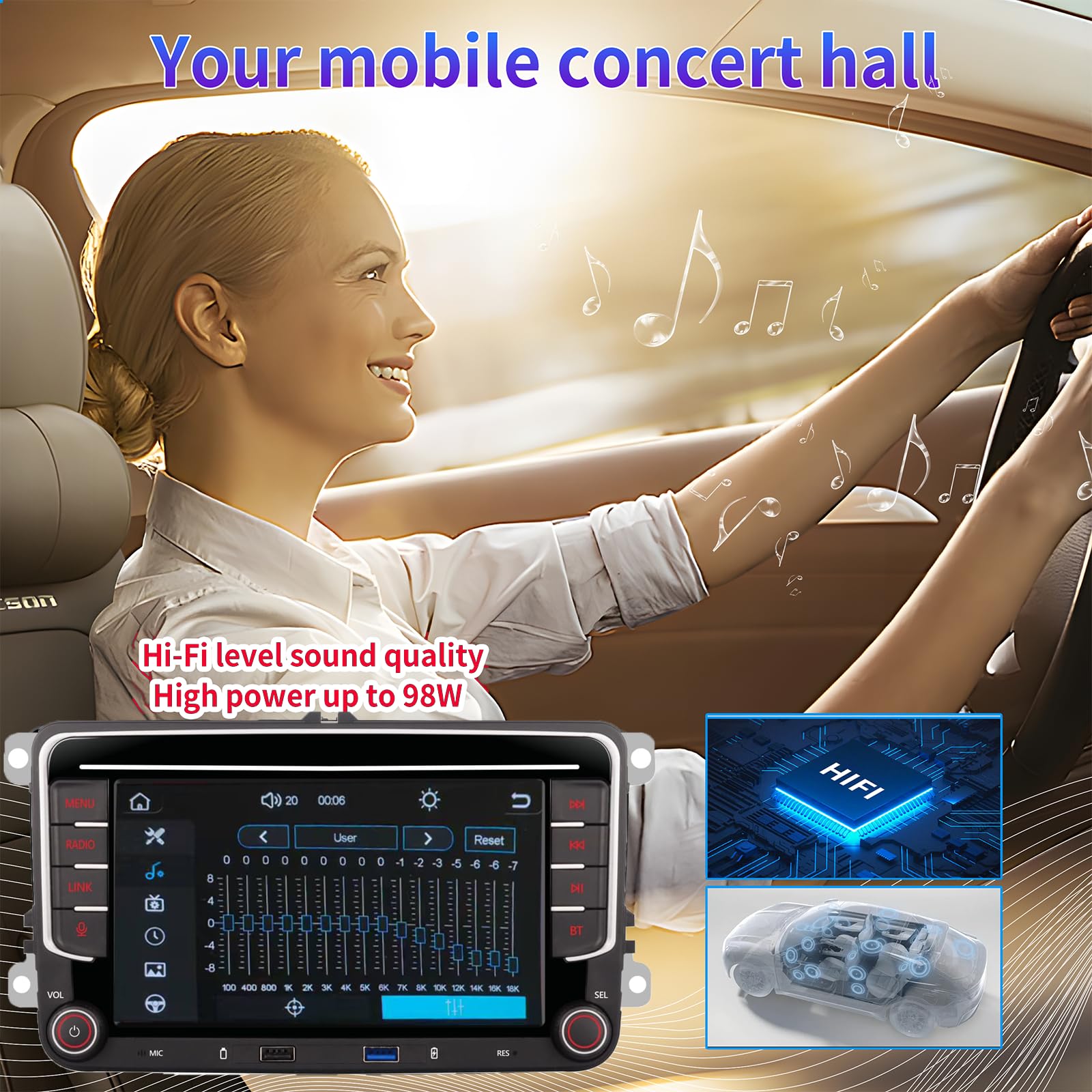 Schermo touch IPS 7 pollici Autoradio per Volkswagen, Seat, Skoda, CarPlay wireless & Android Auto, DSP equalizzatore 16 bande, Bluetooth 5.0, radio FM, compatibile con telecamera retromarcia