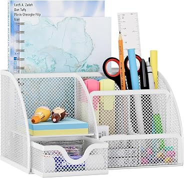 EasyPAG Desk Tidy Stationery Organiser Pen Holder with Drawer,White | Metal Mesh,Home and Office,Desktop,Sticky Note Storage