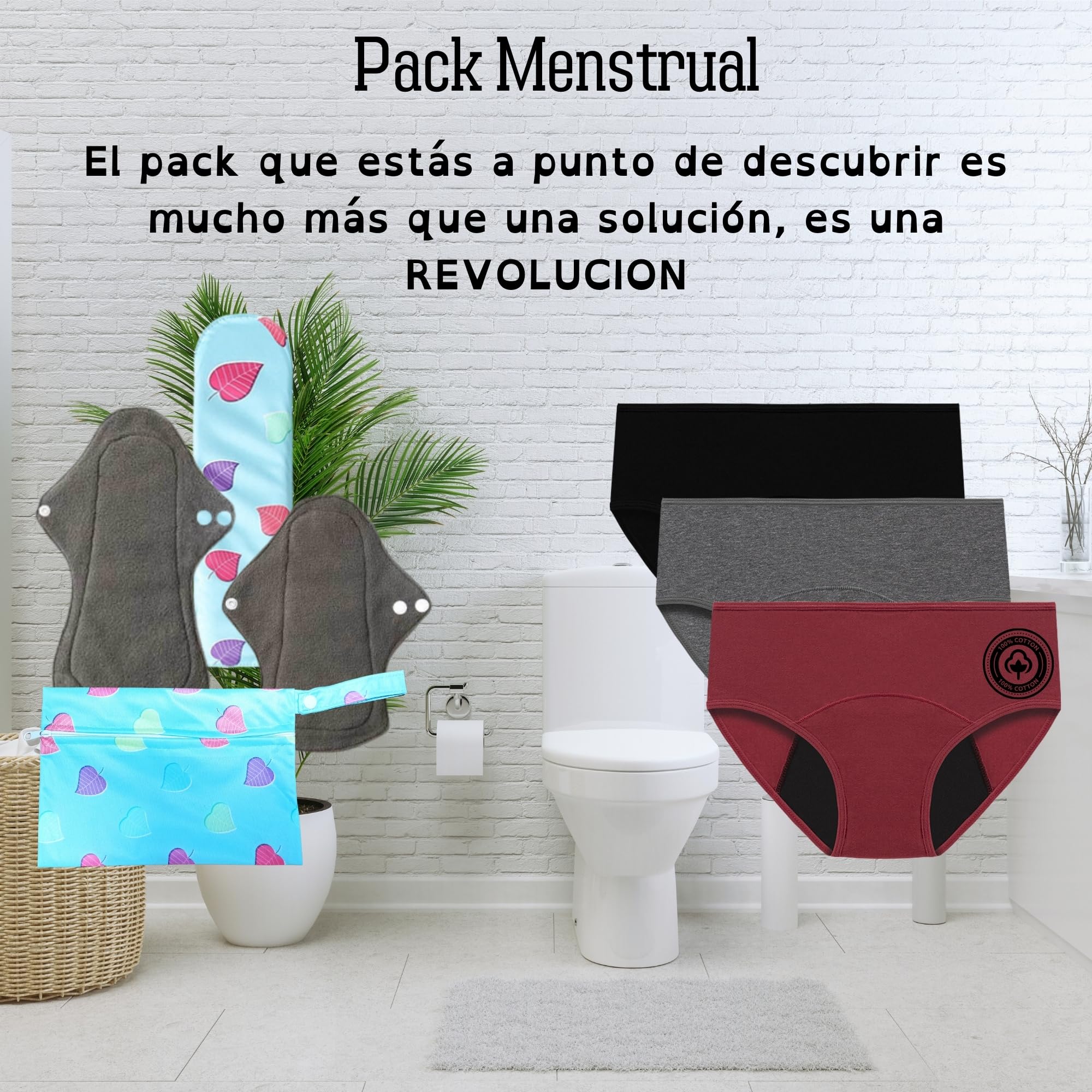 Bragas Menstruales Flujo Abundante, Pack de Periodo Menstrual, Bragas Postparto Mujer, Absorbentes, Lavables, Cómodas y Transpirables, Pack de 3 Bragas menstruales 2 compresas y bolso (S)