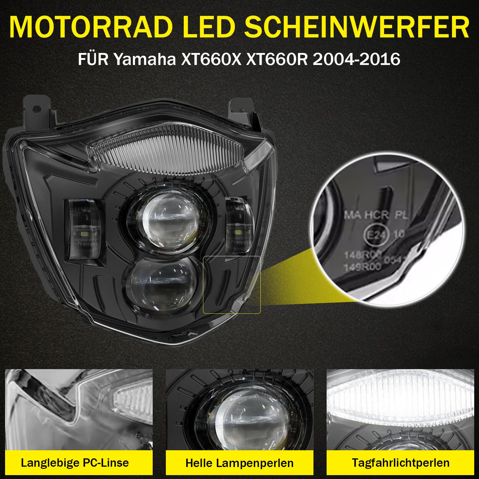 LED Motorrad Scheinwerfer E-geprüft Mit Tagfahrlicht Fern- und Abblendlicht für Yamaha XT660X 2004-2006 XT660R 2004-2016