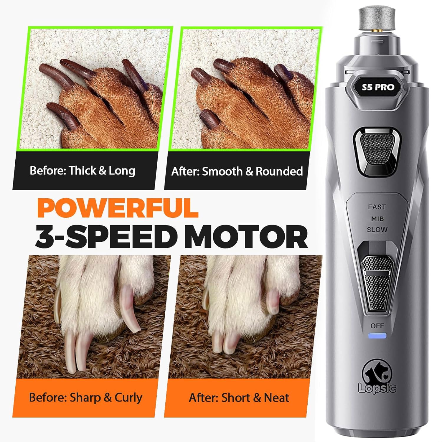 Broyeur à ongles pour chien avec 2 lumières LED, puissant, 2 vitesses, super silencieux, avec 3 roues de meulage, coupe-ongles rechargeable pour animaux de compagnie pour chiens de grande et moyenne