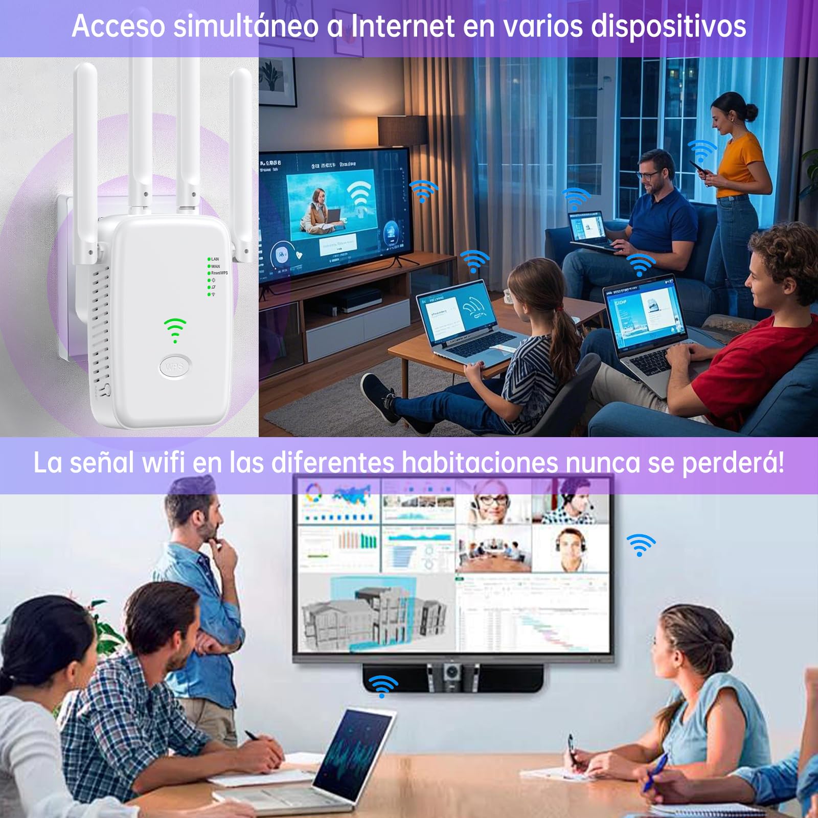 Repetidor WiFi, Amplificador Señal WiFi 2.4GHz 300Mbps Extensor Wi-Fi con Puerto Ethernet, 4 Antenas, repetidor WiFi Largo Alcanc, para oficinas y hogares