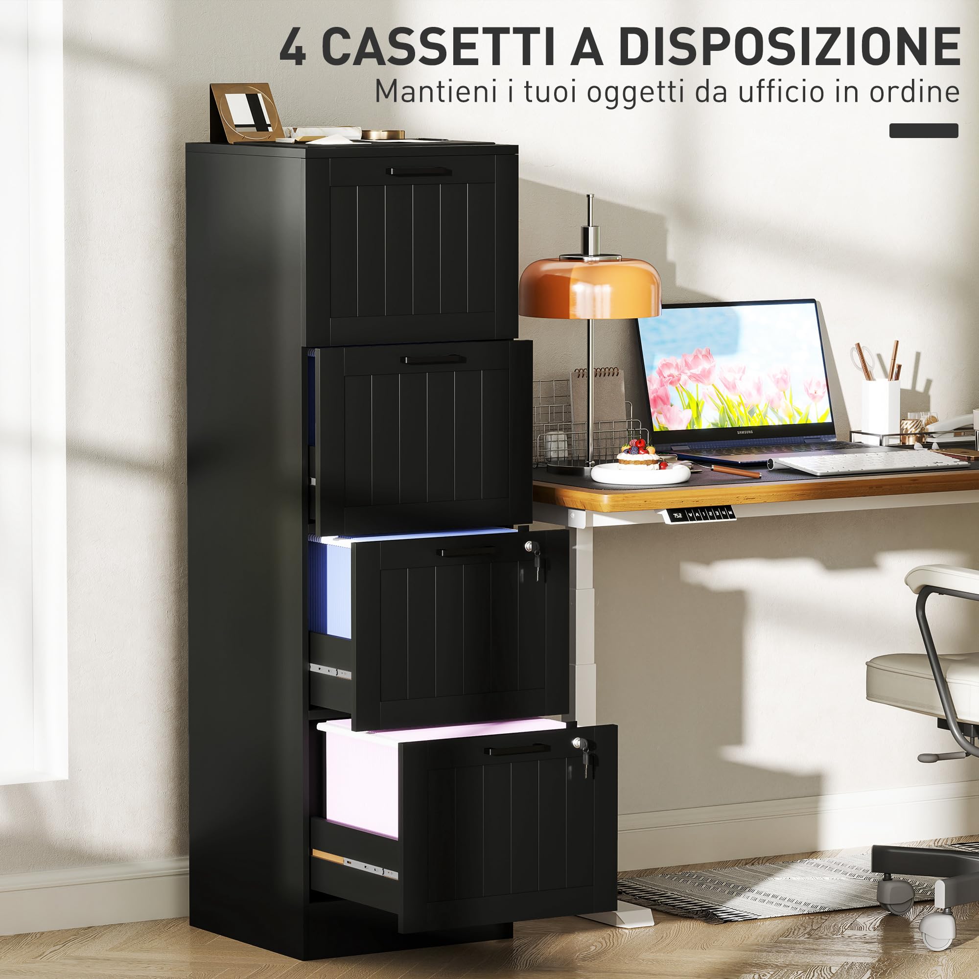 HOMCOM Cassettiera Portadocumenti a 4 Cassetti con Binario Regolabile, 2 Chiavi e 2 Serrature, Mobiletto da Ufficio in MDF Adatto a Cartelle di Formato A4 e Formato Lettera, 40x40x131 cm, Nero