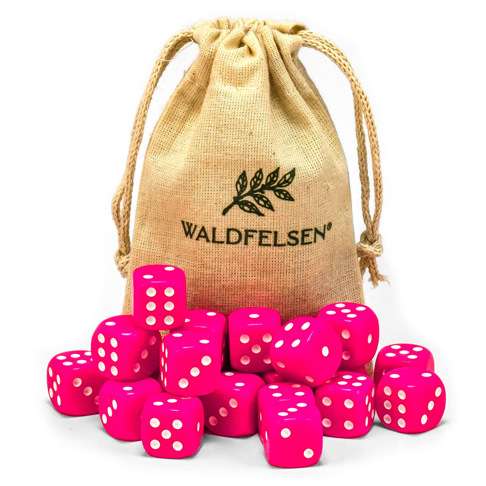 Waldfelsen® 6, 12, 20, 30 or 50 High Quality Dice Standard Size 16 mm Acrylic Cube Puzzle Play Cube Dice 6-Sided Six-Sided Play Accessory Set with Cloth Bag (Pink, 20 Pieces)