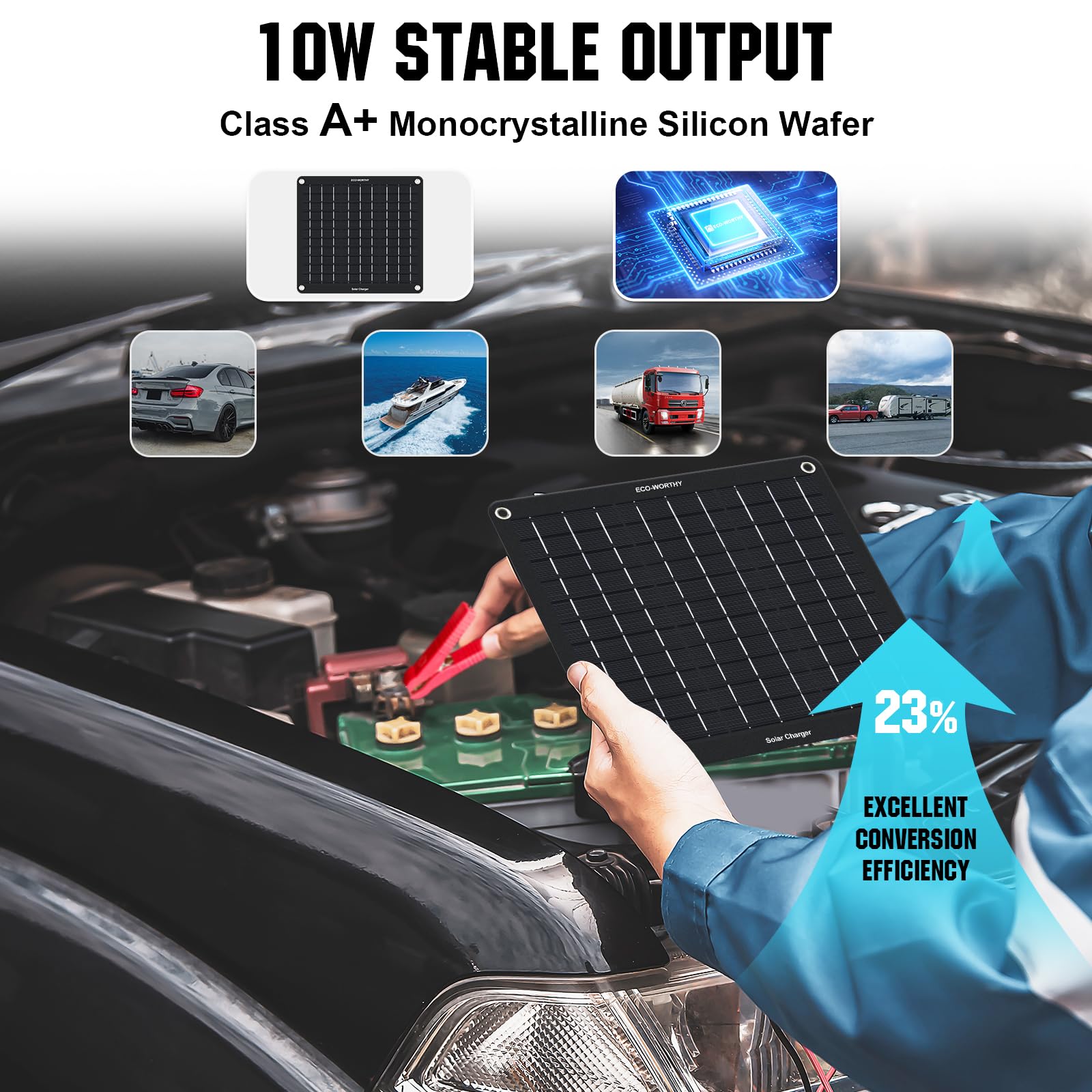 ECO-WORTHY 10W 12V Mainteneur de Batterie de Voiture, Chargeur d'entretien Solaire Portable avec Allume-Cigare ou Pinces Crocodile pour RV/Camping/Automobile/Moto/Bateau