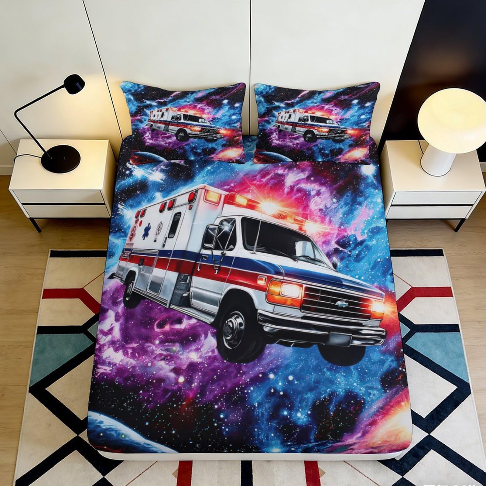 3D Printed Ambulance Galaxy Fitted Sheet Microfiber Soft Space Nebula Mattress Cover for Bedroom Dorm Decor 90x200x25cm