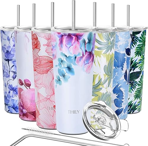 THILY Vaso de viaje de acero inoxidable aislado al vacío, taza de café de 26 onzas con 2 tapas y pajitas, a prueba de salpicaduras, mantiene las