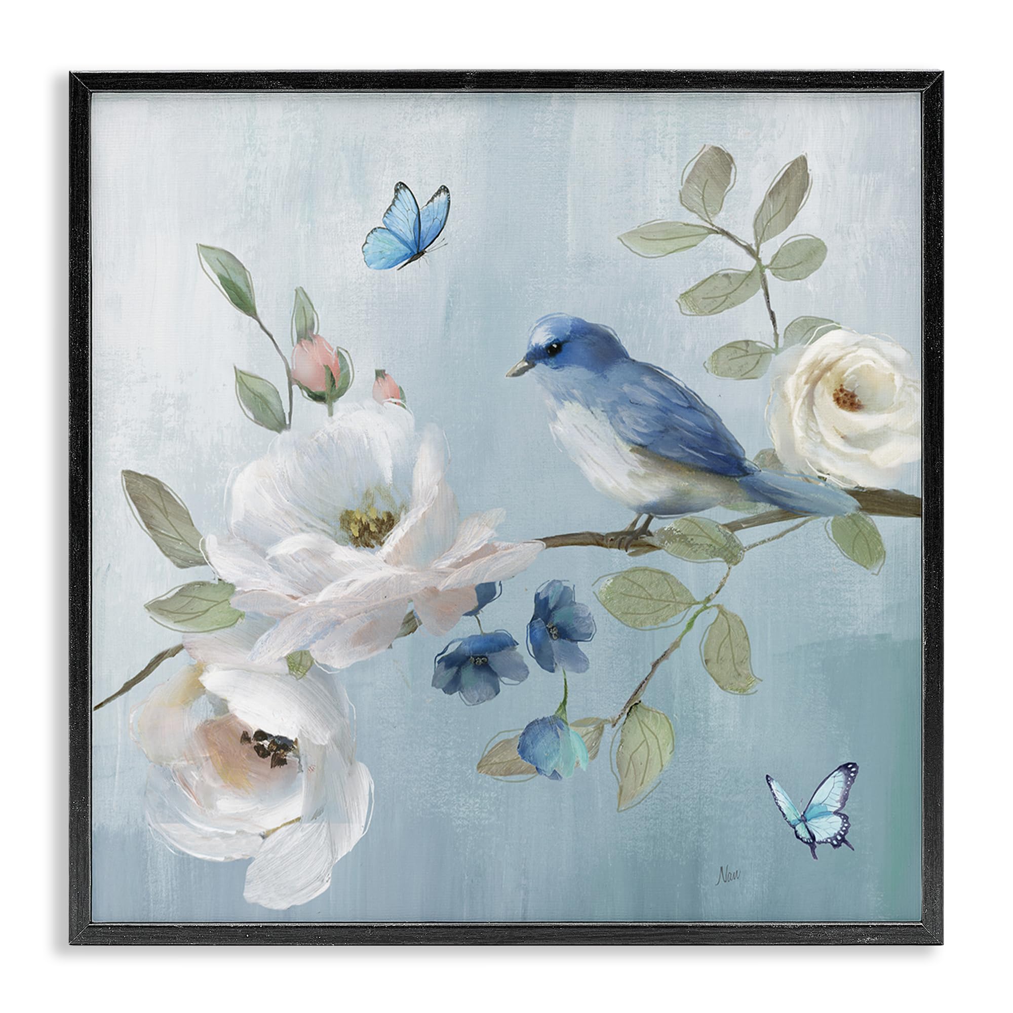 Stupell Industries 'Pastel Blue Bird Blooms', Framed Giclee Art, Black, 17 x 17 Inches, Easy to Hang and Sturdy, Made in USA, by Nan