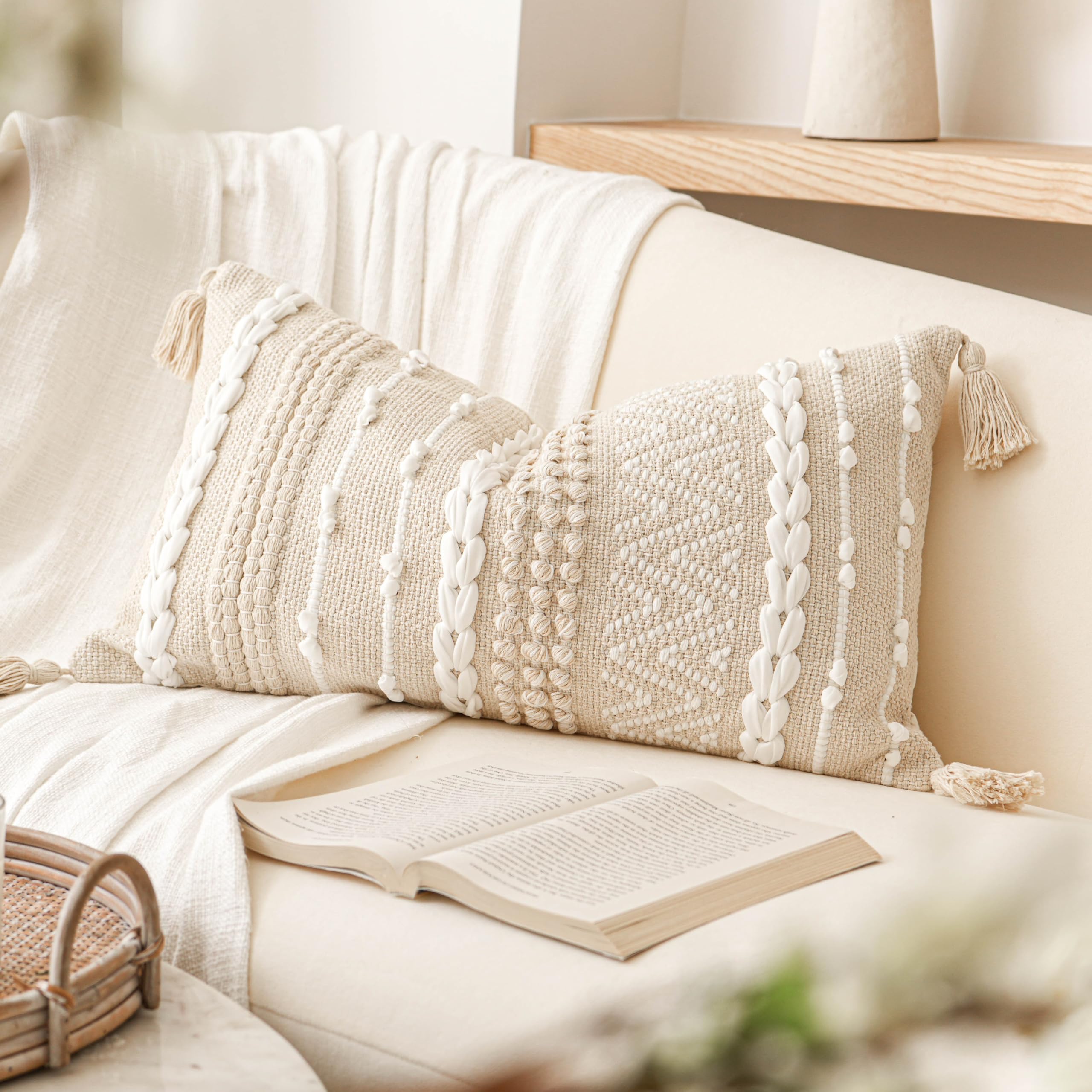 BlissBlush Decorative Lumbar Pillow Cover 14x24, Cream White Boho Accent Throw Pillow Case for Couch Sofa Bed, Modern Farmhouse Textured Lumbar