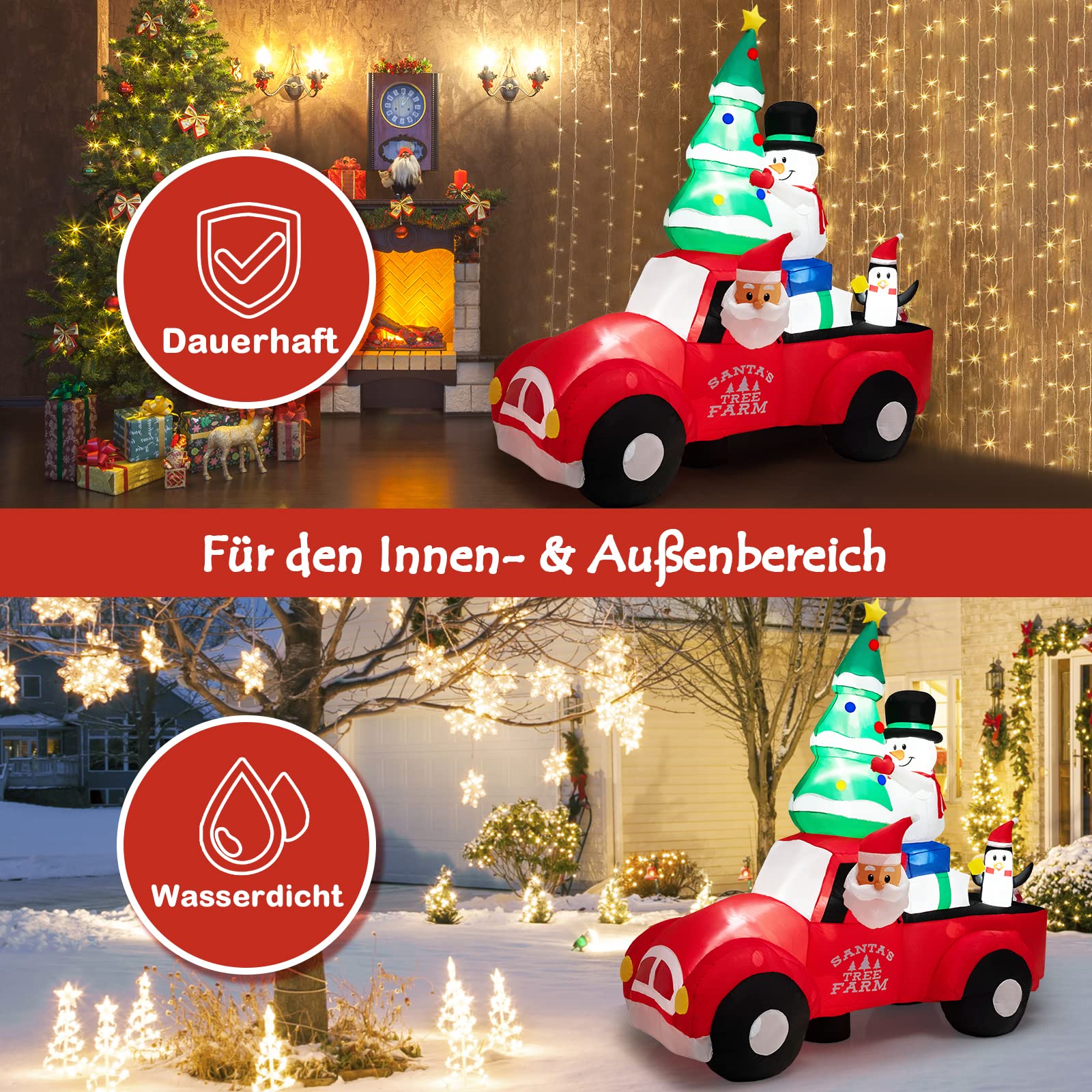 GYMAX 240 cm hohe Aufblasbare Weihnachtsdeko mit 7 LED-Leuchten, Selbstaufblasender Weihnachtsmann in einem Auto mit Weihnachtsbaum, Schneemann, Geschenken & Pinguinen