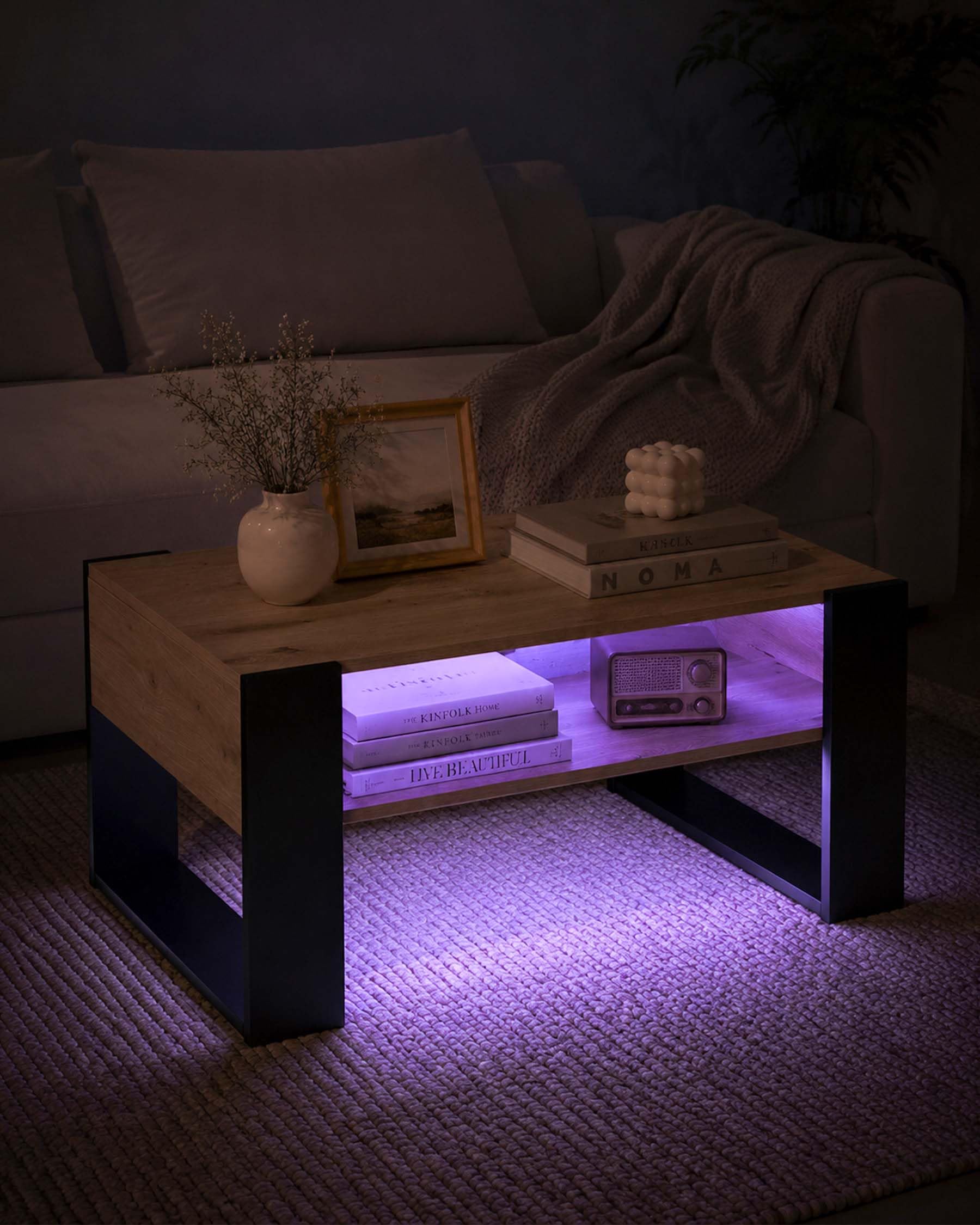 Mesa de Centro Moderna Roble y Negro con Doble Estante, Mesa de Café Estable y Maciza Tipo Loft, Mesa de Sofá Grande en Madera Laminada, 92x50x45cm