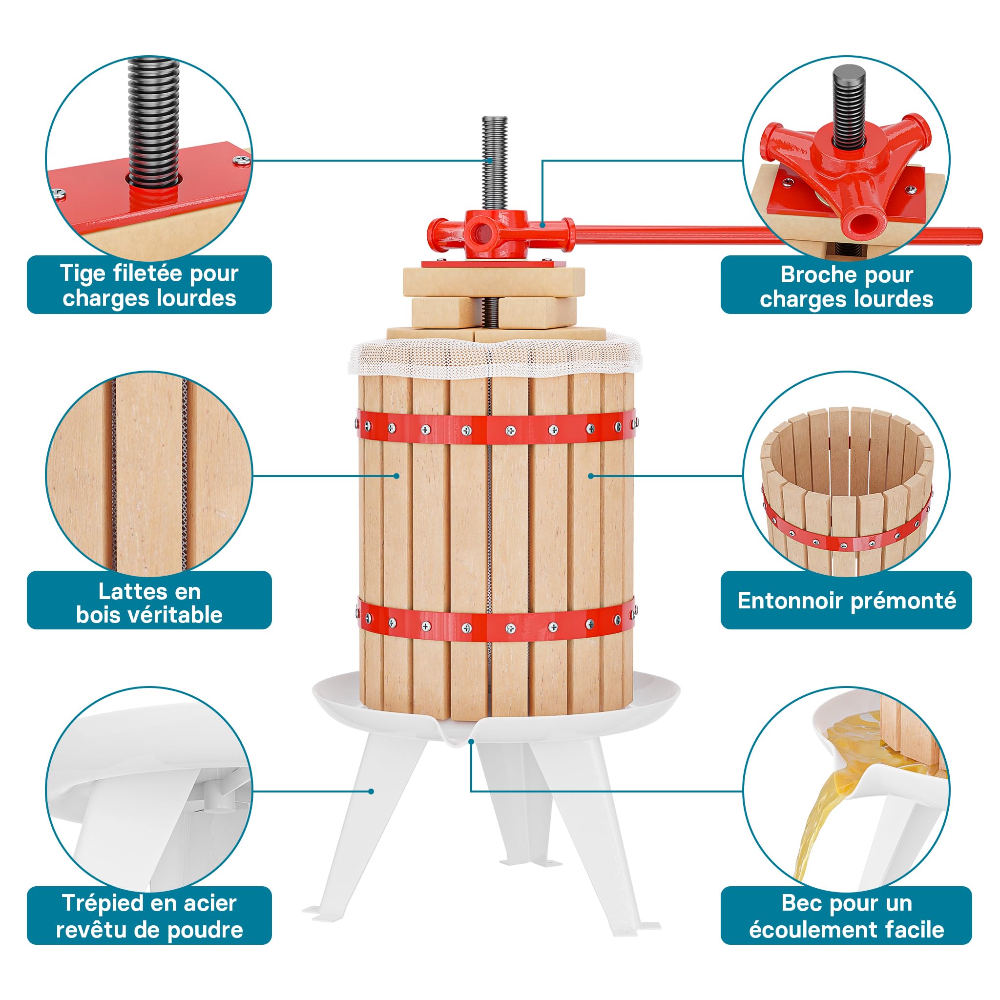 WilTec Kit Presse et Broyeur à Fruits – capacité 7 L / 18 L – avec Entonnoir en Acier, Panier en hêtre et Torchon Sac de filtrage – Pressoir Manuel pour Moût de Pomme Poire Raisins Baies – Vin Cidre