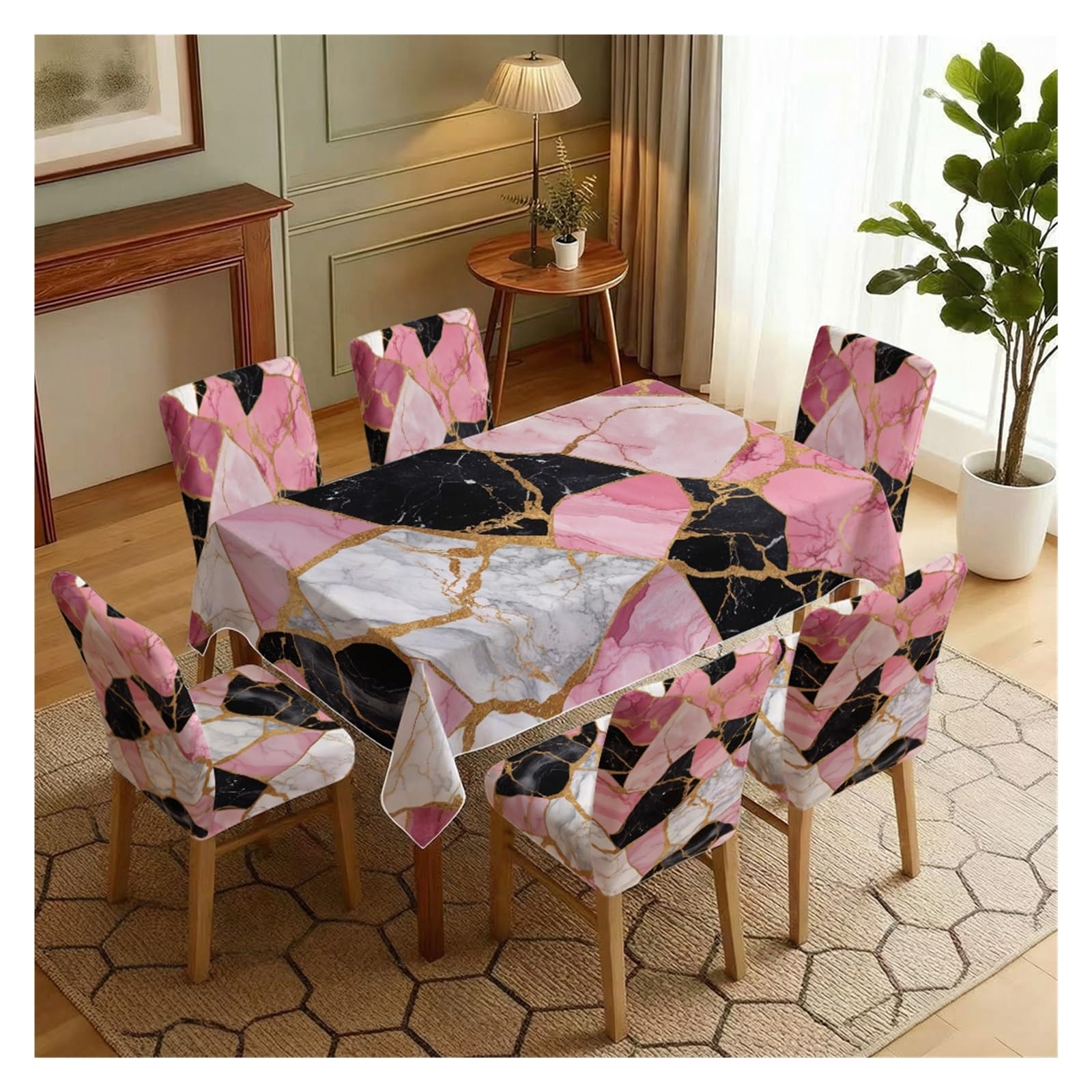 BOSUYBN Stretch Dining Chair Slipcover & Tablecloth Set, Pink Black Gold Marble Print, 5/7 Pack, Dining Kitchen Wedding Party Home Decor Table Setting(7pcs Set: Tablecloth+Chair Covers)