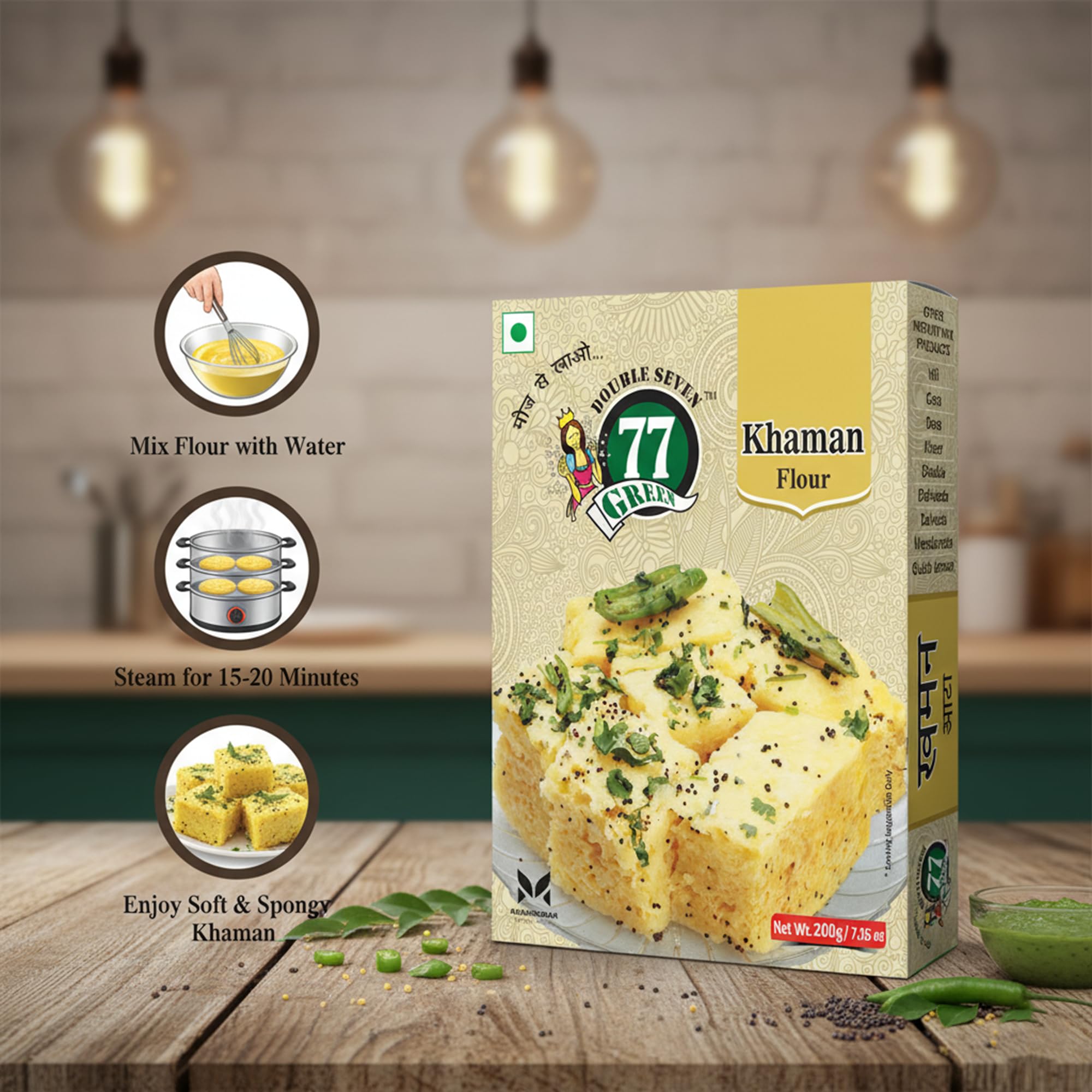 77 Green Khaman Mix Pack of 2-800g - Instant Dhokla Mix/Khaman Dhokla for Quick & Easy Preparation - Soft & Fluffy Snacks - No Preservatives - Ideal for Indian Cuisine/Party Appetisers 1