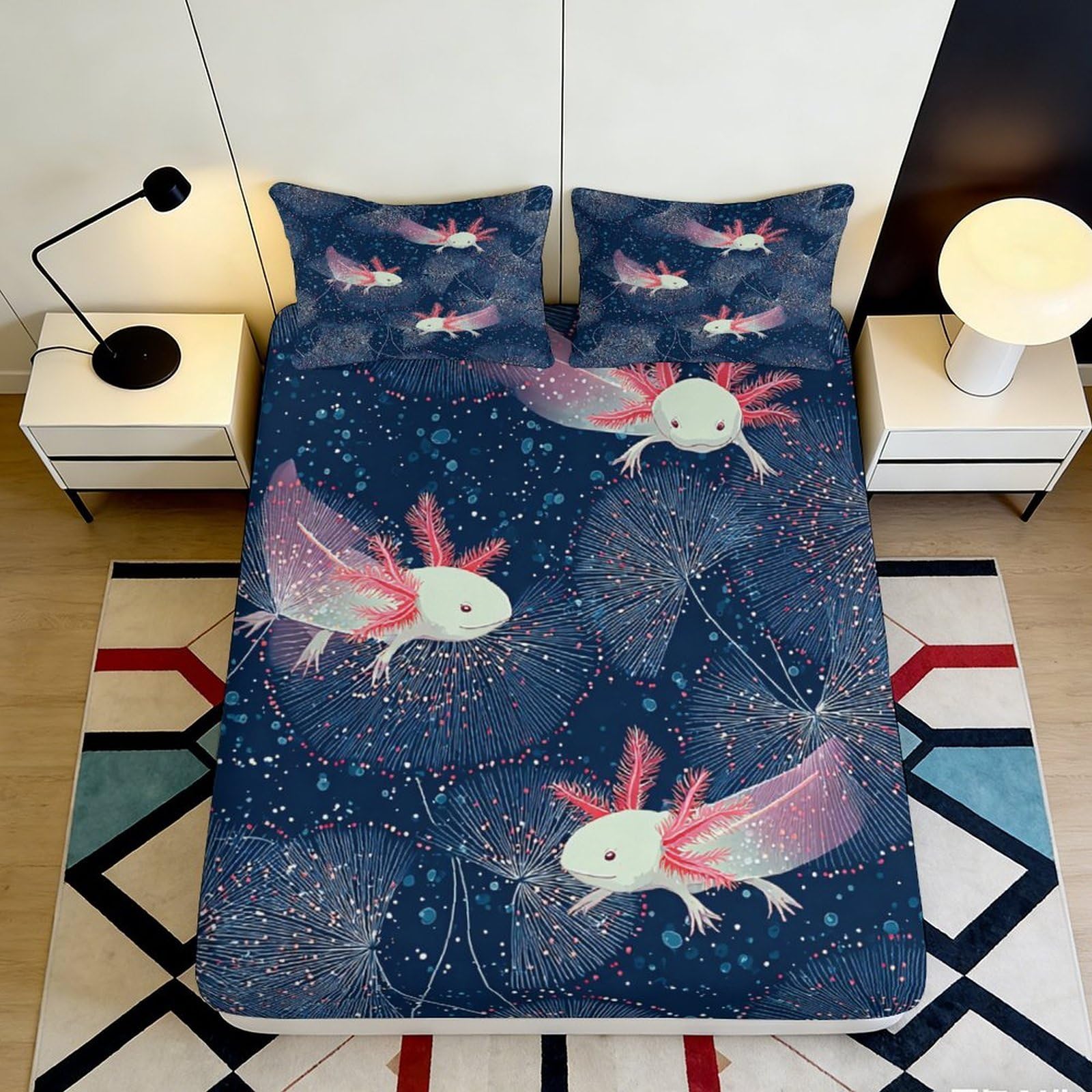 3D Printed Starry Night Axolotl Fitted Sheet Microfiber Soft Breathable Cosmic Creature Mattress Cover for Bedroom Dorm Decor 90x200x25cm