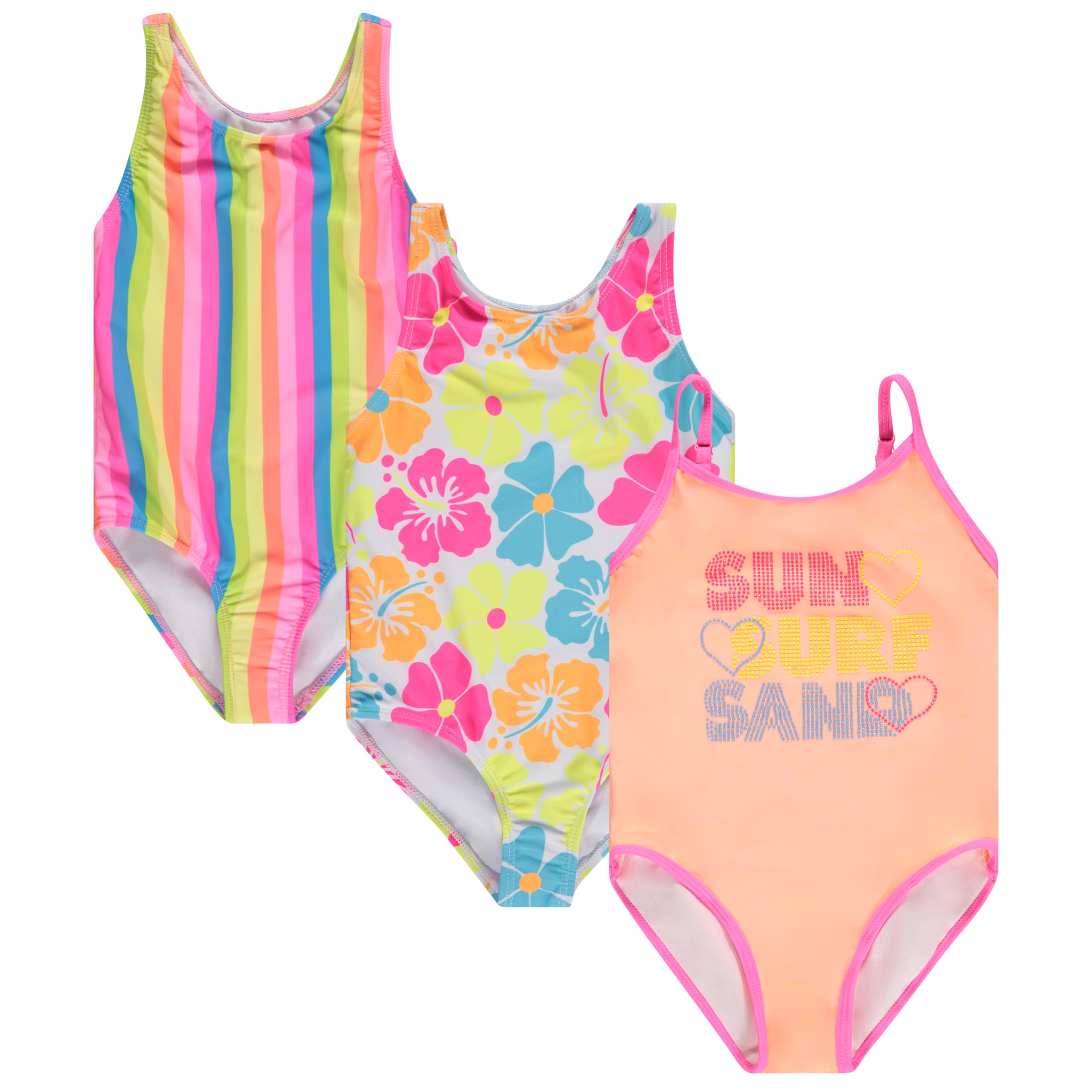 BTween Girls Multi Pack One Piece Swimwear Unique Colors and Patterns, Sizes 4-16 for Kids and Toddlers