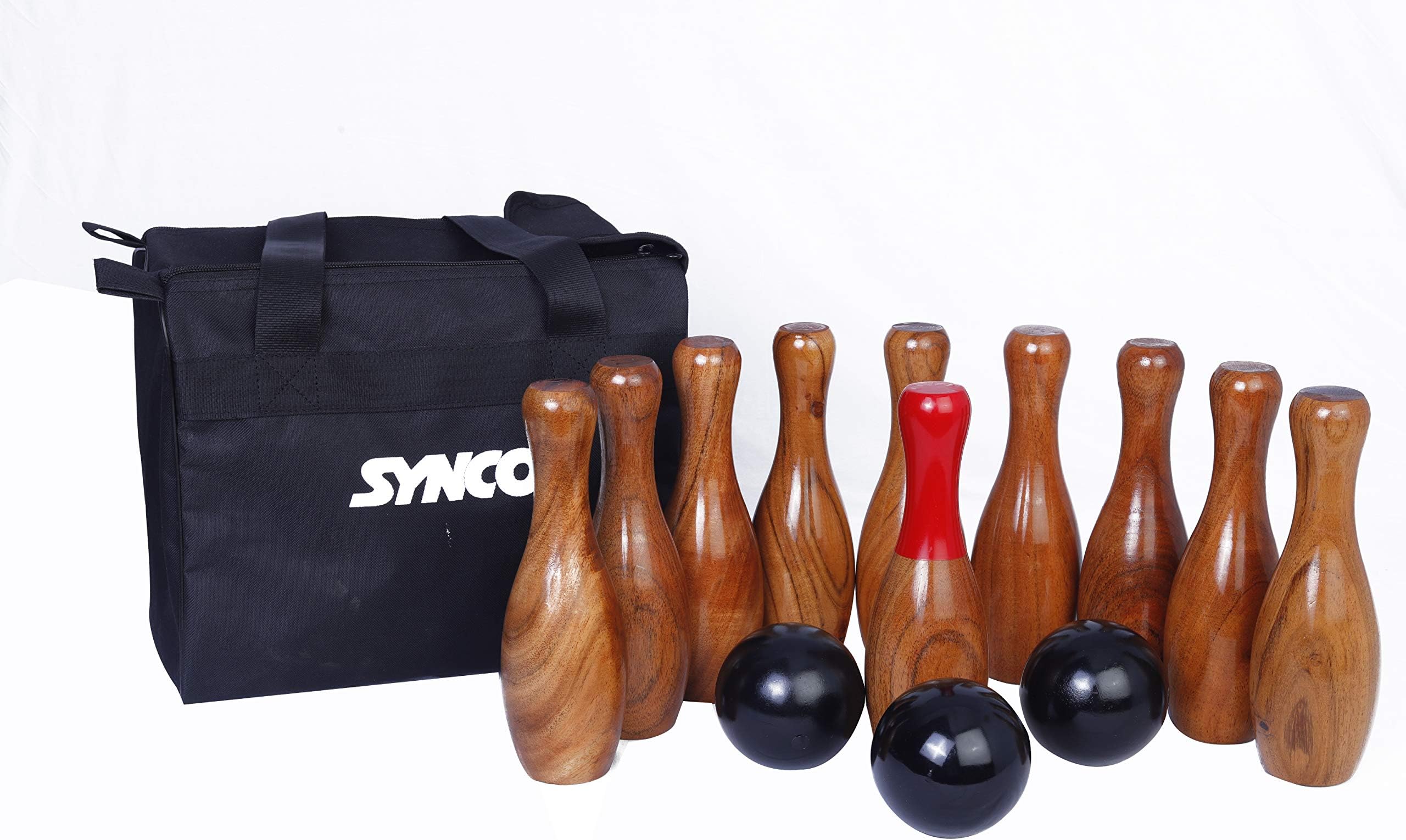 SYNCO Backyard Skittles Wooden Hardwood Set with 10 Pins(2 in1 Indoor Game,Lawn Bowling Games #Ring Toss Game for Family Kids and Adults, 9 inches Pins with 3 Balls, Synco Bag Included)