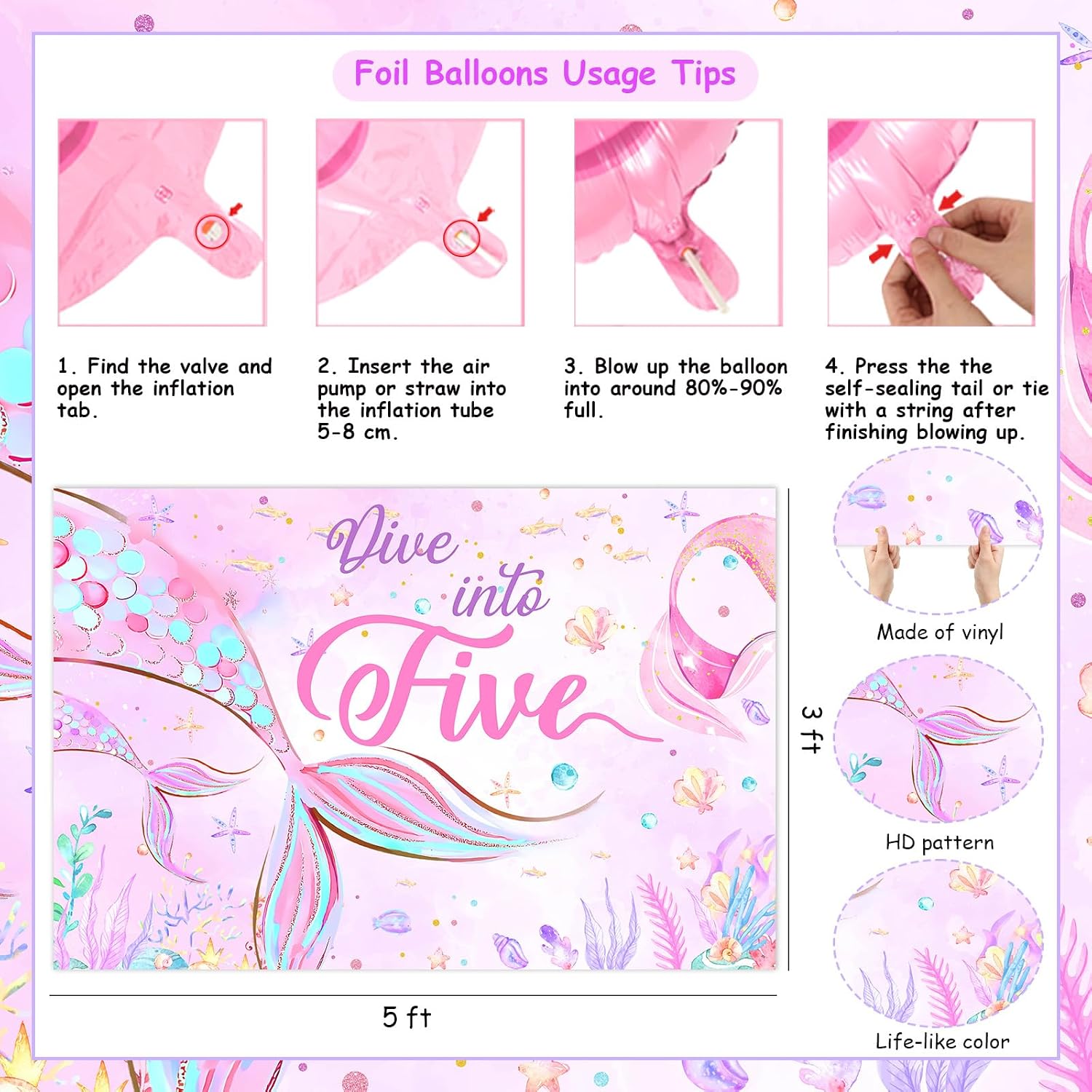 Mermaid Birthday Party Decorations, Dive Into Five Ocean Theme 5th Birthday Backdrop Cake Cupcake Toppers Pink Purple Blue Balloon for Girl 5 Year Old Party