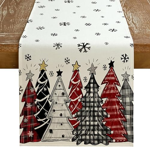 Miniatura 16 de GEEORY Camino de mesa de Navidad de 13 x 72 pulgadas, camisetas de Navidad, copos de nieve, decoración de mesa de granja para cocina, comedor, Rojo