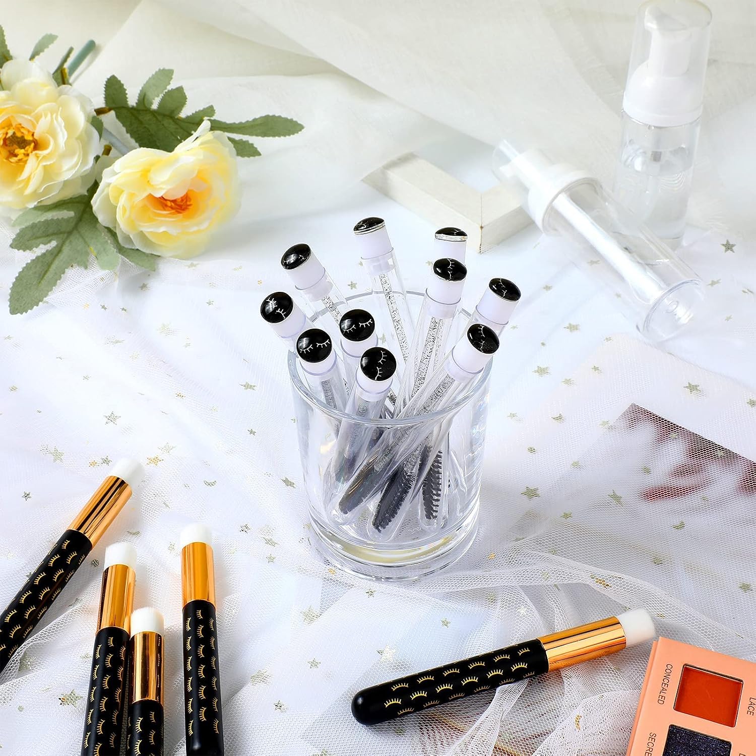 30 Pcs Lash Shampoo Brushes Soap Bottle Set, 10 Eyelash Extensions Mascara Brushes 10 Peel Off Blackhead Nose Cleaning Brush 10 Plastic Foam Reusable Bottle for Women Girl(Black,Simple)
