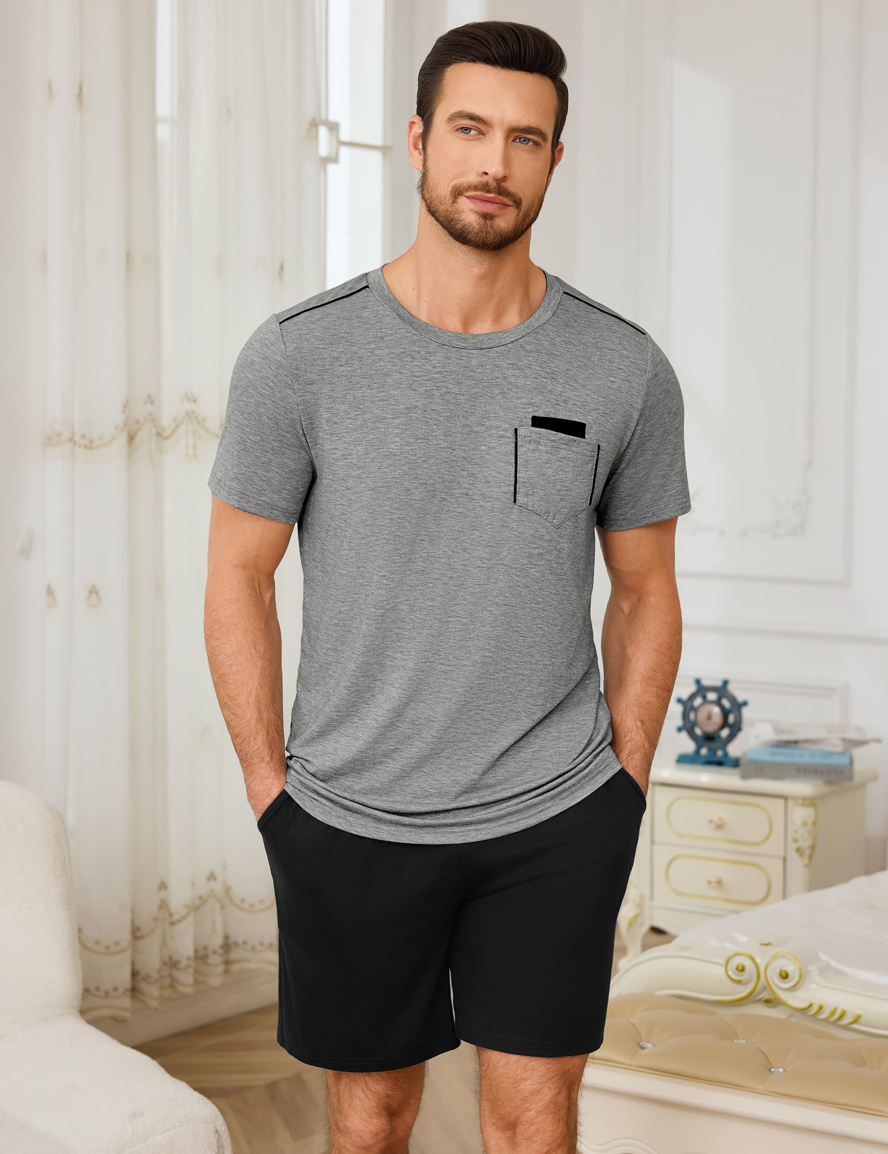 Uniexcosm Pijama Corto de Hombre Verano Conjunto de Pijama Hombre 2 Piezas Ropa de Dormir de Algodón Camisetas Manga Corta y Pantalones Cortos
