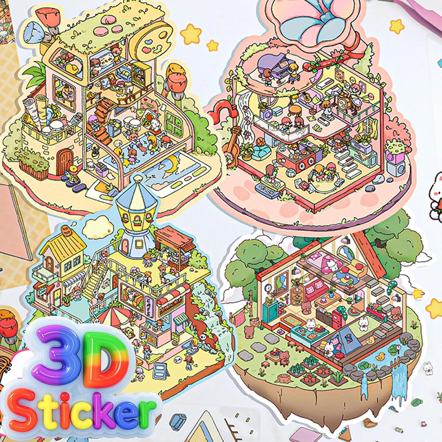 DIY 3D Sticker Scene，8 Sets Pack（600+） Large-Sized, Reusable Sticker Book, Cute Sets for Free Combination, Waterproof for Anywhere, Crafts Party Favors Birthday Gift