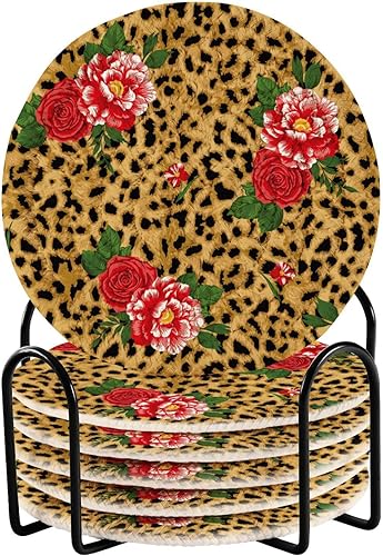 Rose Leopard Coasters for Drinks Set of 6 Absorbent Woven Drink Coaster Set for Home Decor Coffee Bar Desk Accessories
