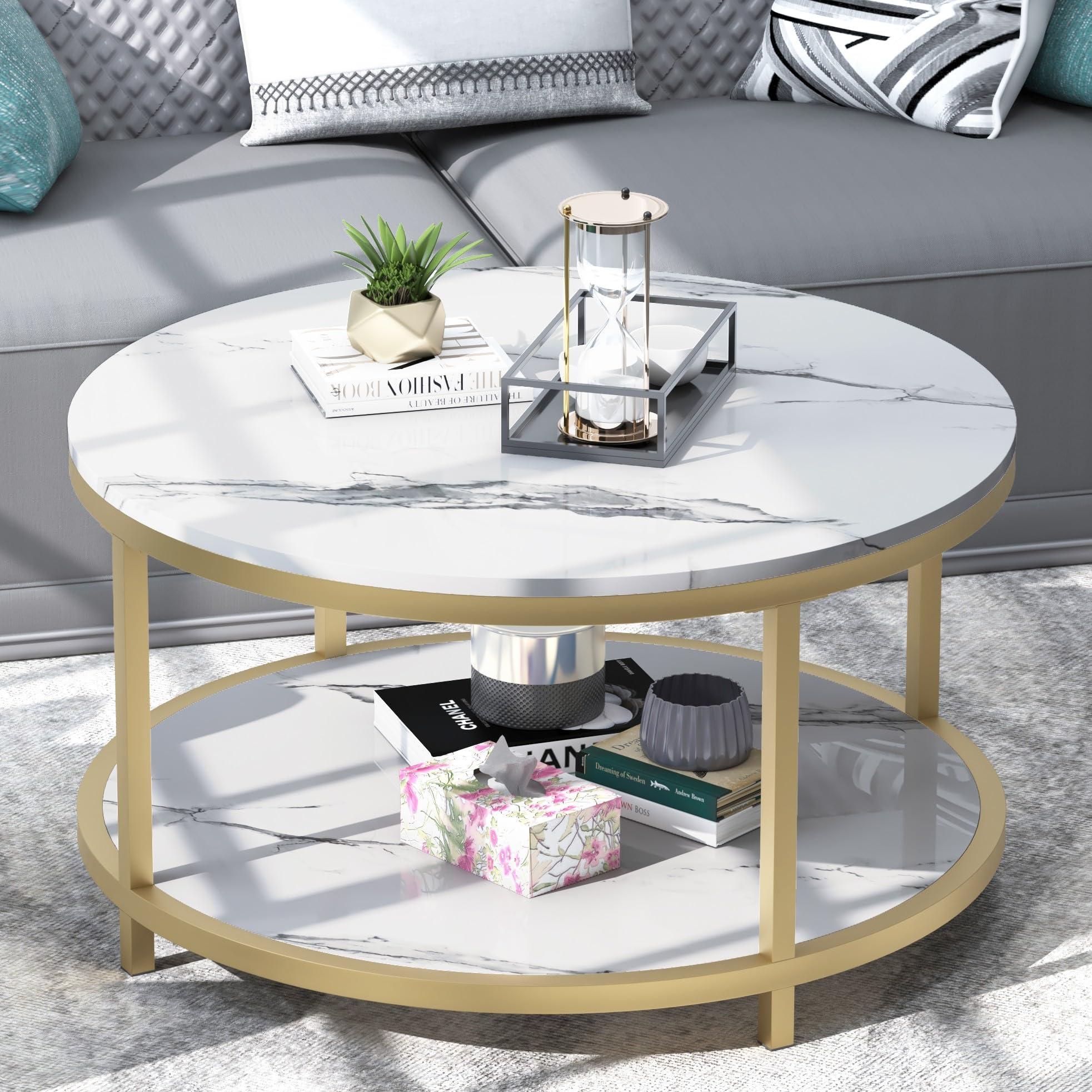 WiberWi Round Coffee Table 33.5" Coffee Tables for Living Room High Glossy Faux White Marble Top Modern Circle Table Sturdy Gold Metal Frame Legs