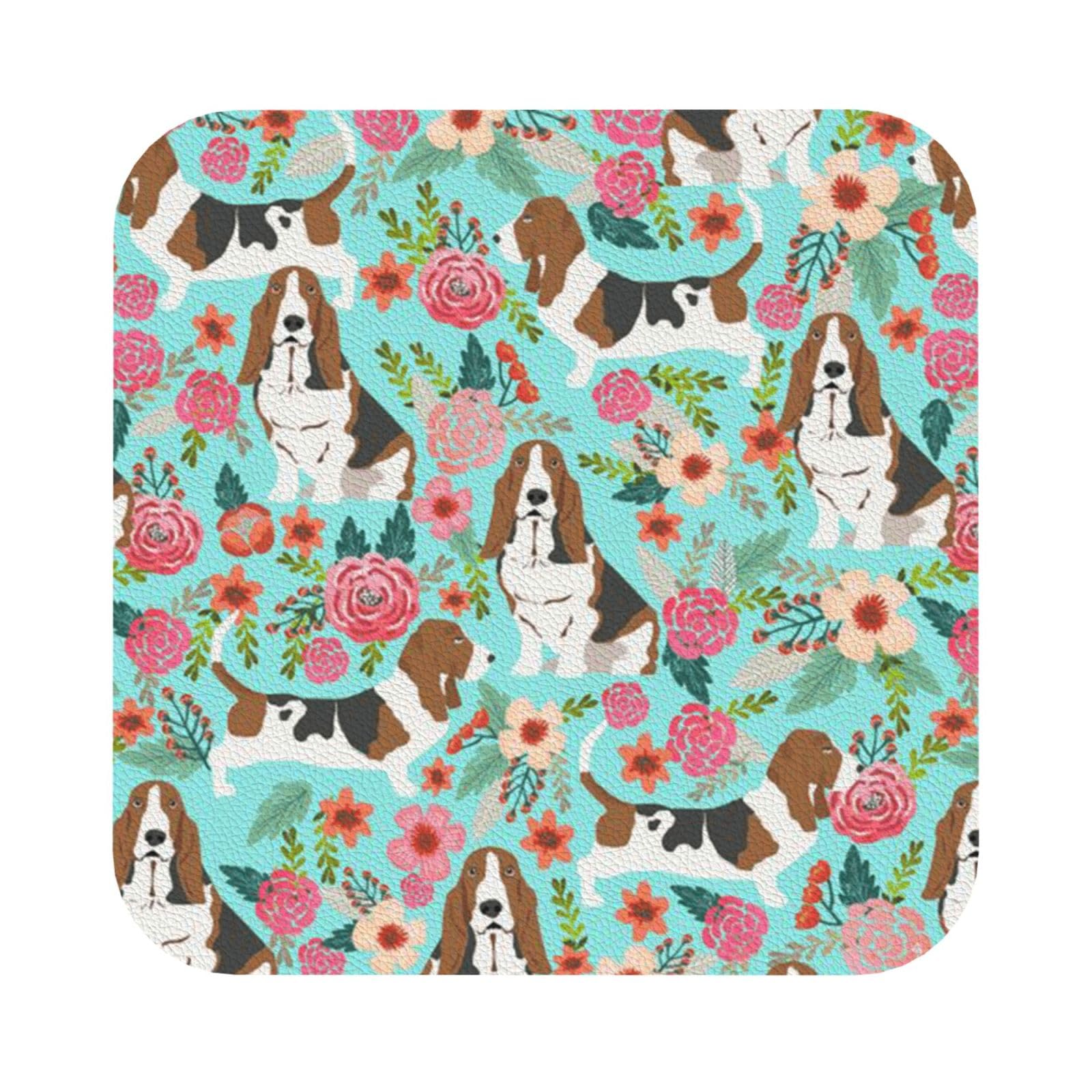 Sweet Basset Hound Florals PU Leather Coasters Set of 6 Square Drink Coasters