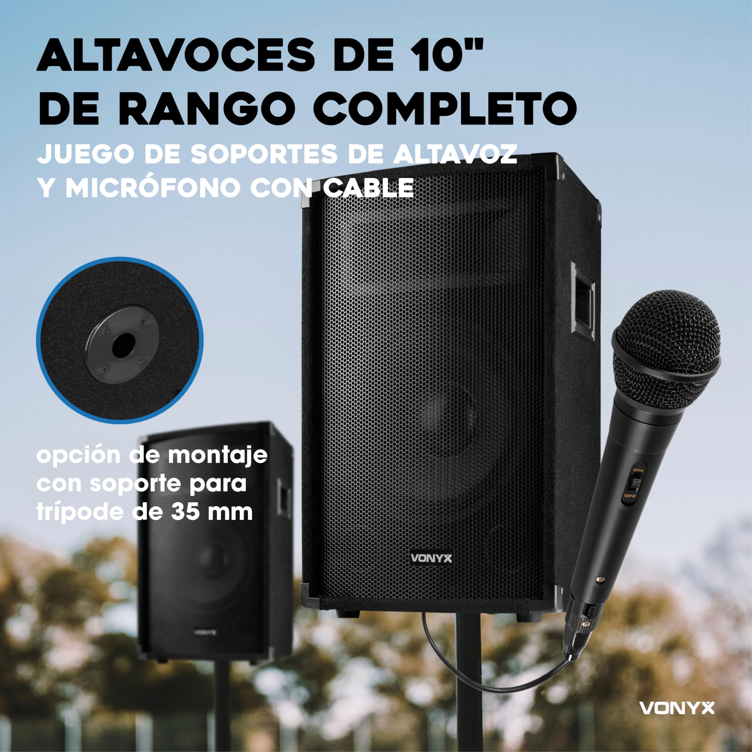 Vonyx VX210 – Sistema de Sonido Activo 800W con 2 Altavoces 10”, Mezclador 4 Canales, Bluetooth, USB, SD, Soportes y micrófono, Equipo de Sonido Profesional para Eventos, Fiestas y DJ, Color Negro