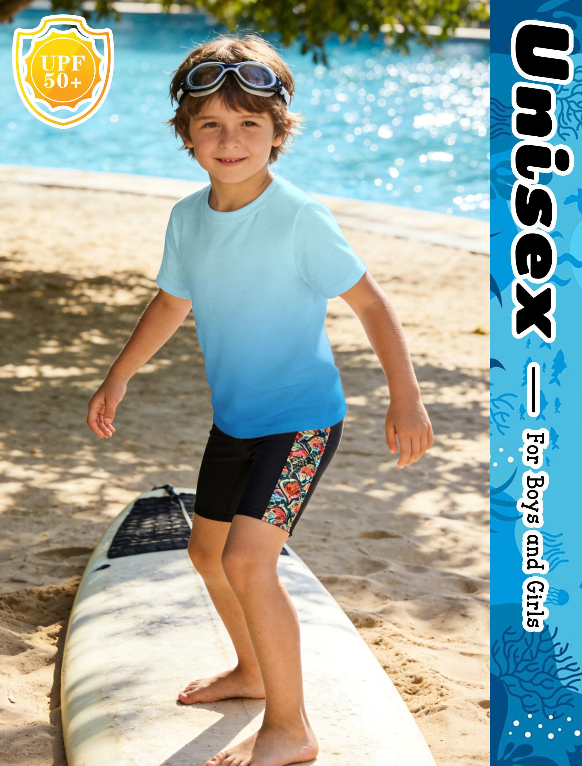 ANGEL CITIZ Maillot de Bain Enfant Anti UV UPF 50+ T-Shirt de Bain Garçon Fille Manches Courtes Rashguard Protection Solaire Séchage Rapide Plage Natation 125-155