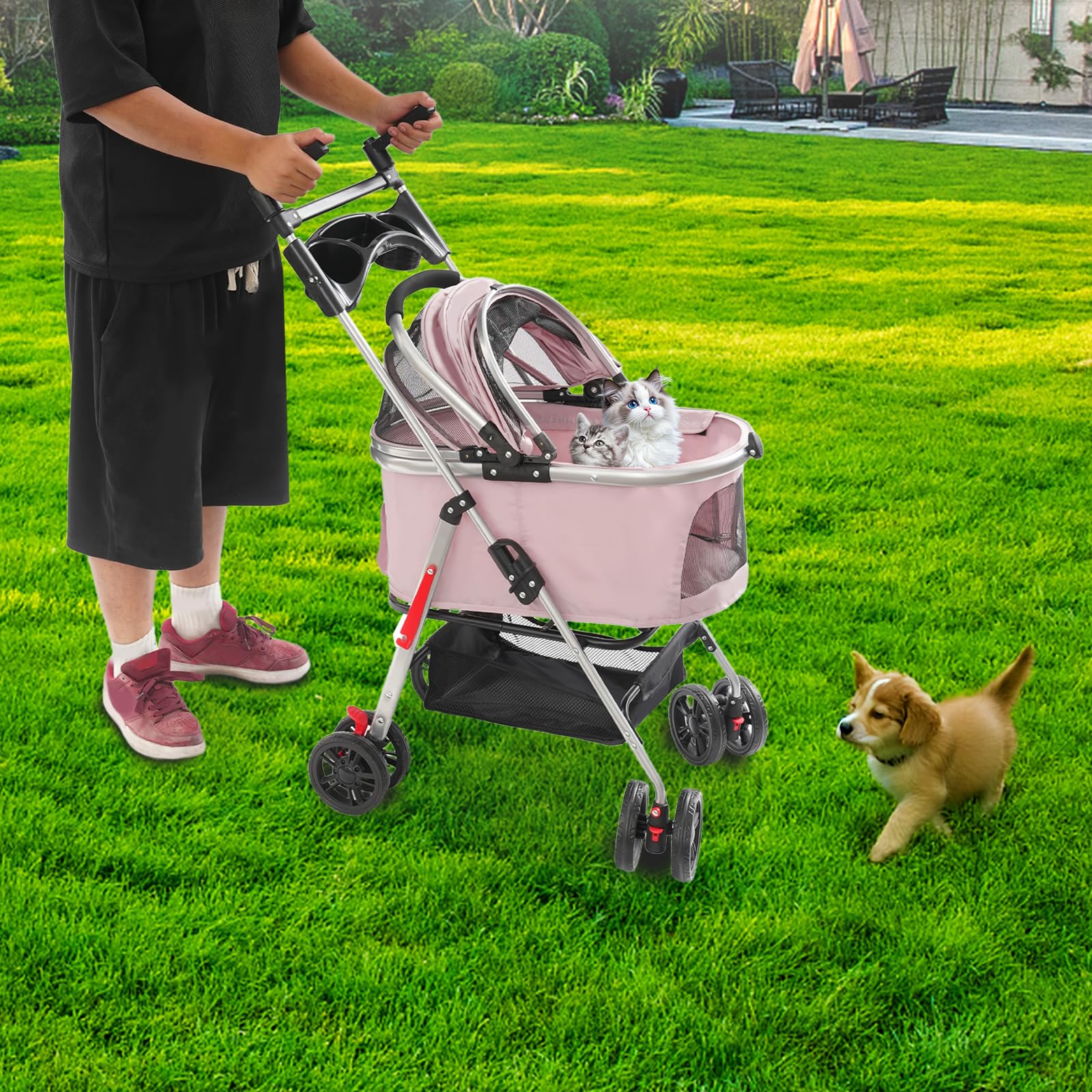 Poussette pliable pour chien avec roues universelles, pour chats et petits chiens, 50 x 60 cm (rose sakura)
