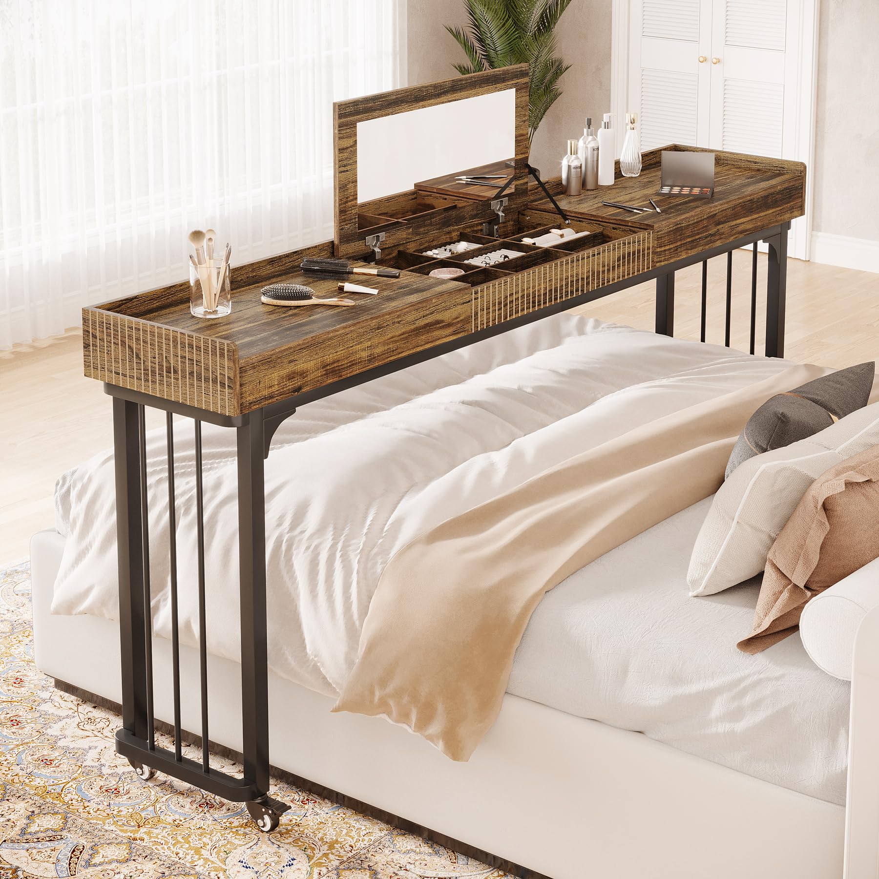 Tribesigns 78.8-Inch Large Over Bed Table with Wheels, Mobile Computer Desk Makeup Vanity Desk with Storage, Standing Laptop Cart, Overbed Makeup Table for Bedroom, Brown