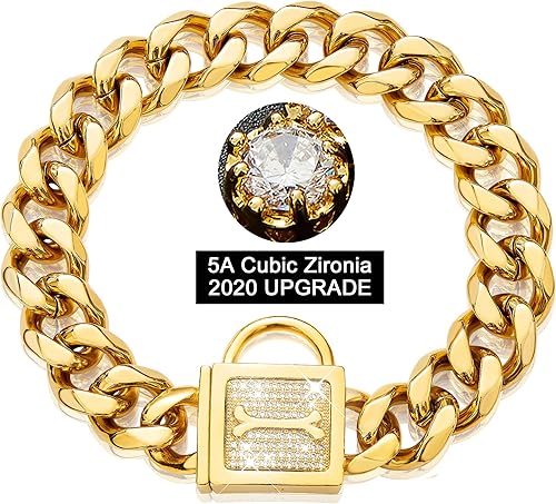 Collar de cadena para perro con hebilla de circonita, collar de perro de eslabones cubanos de oro de 0.59 pulgadas, collar brillante para perros