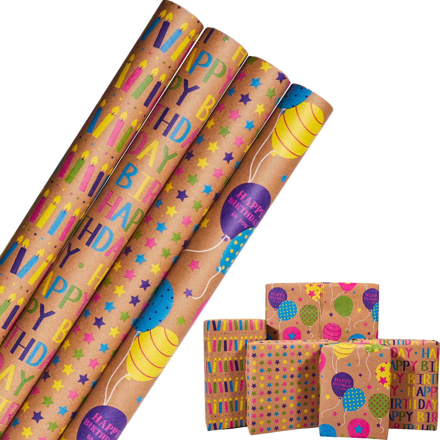 Birthday Wrapping Paper Roll,4 Rolls 43cm x 3M Birthday Gift Wrapping Paper,Suitable for birthday,Baby Shower, Party,Wedding,Christmas,Festive Decorations (colored kraft)
