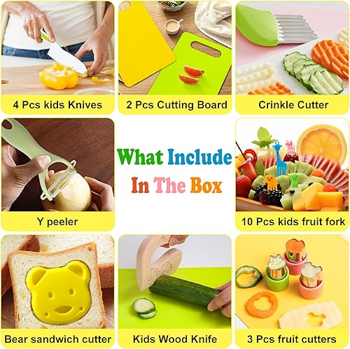 Miniatura 3 de Juego de 23 piezas de cocina para niños, herramientas de cocina para cocina real, juego de cuchillos de cocina para niños con tabla de cortar,