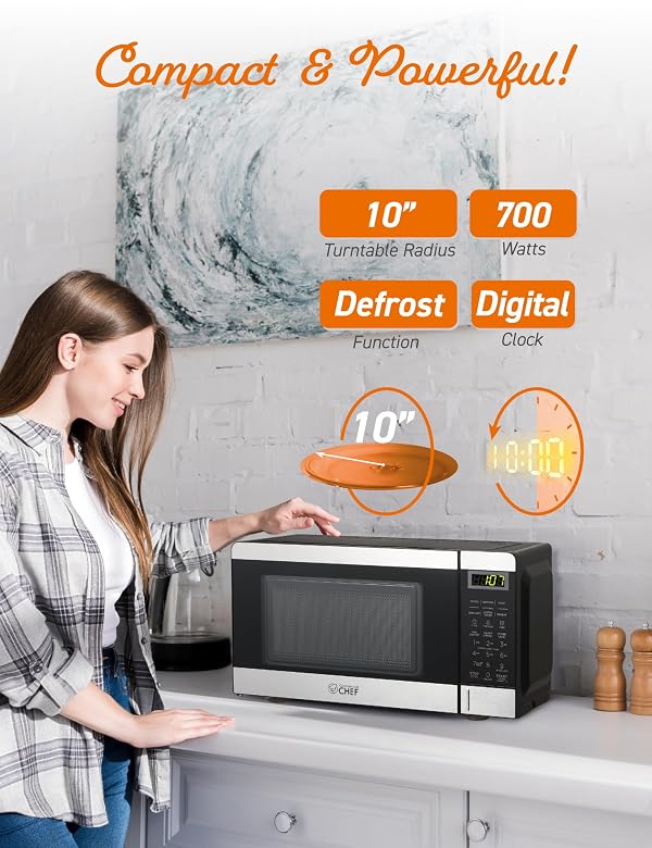 COMMERCIAL CHEF 0.7 Cubic Foot Microwave with 10 Power Levels, Small Microwave with Push Button, 700W Countertop up to 99 Minute Timer and Digital Display, Stainless Steel by Commercial CHEF - Image 4