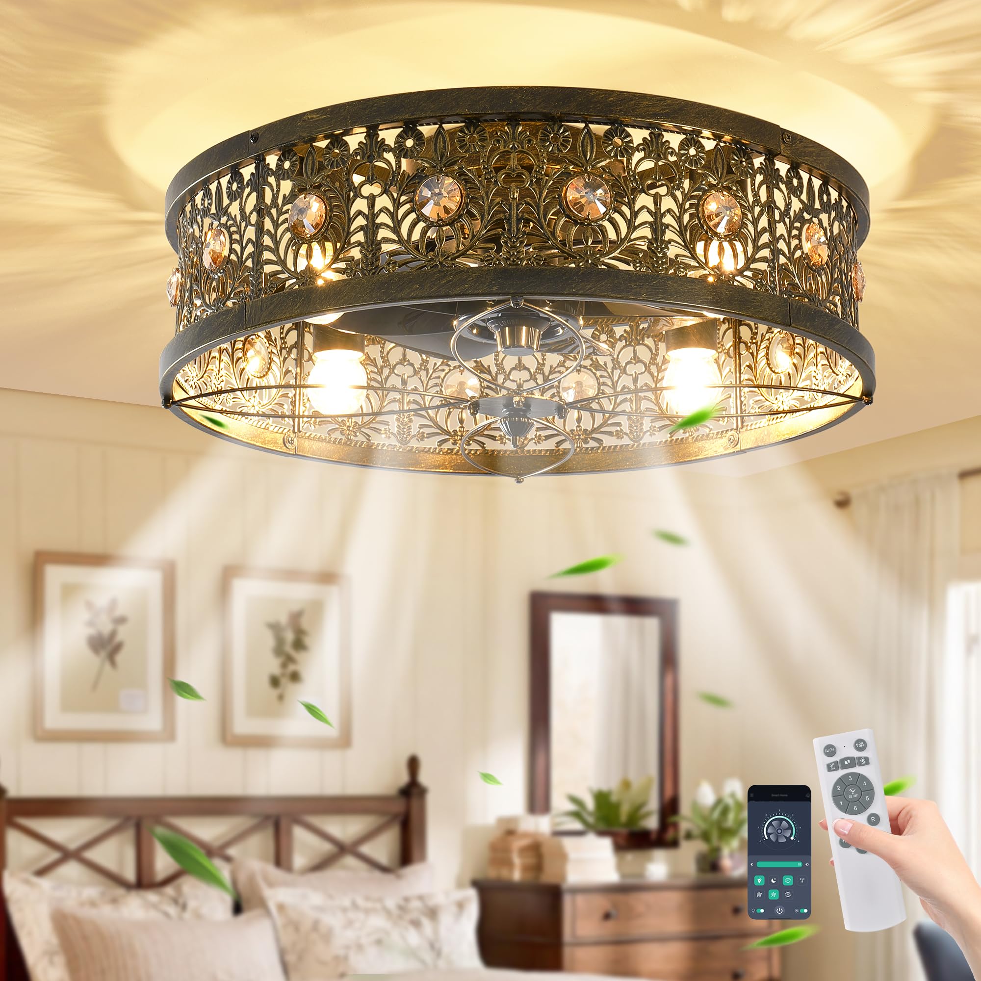 Photo 1 of Garwarm 20" Caged Ceiling Fans with Lights,Vintage Victorian Rustic Crystal Fandelier,Low Profile Flush Mount Enclosed Bladeless Ceiling Fan with Light and Remote for Bedroom,Kitchen,Dining Room