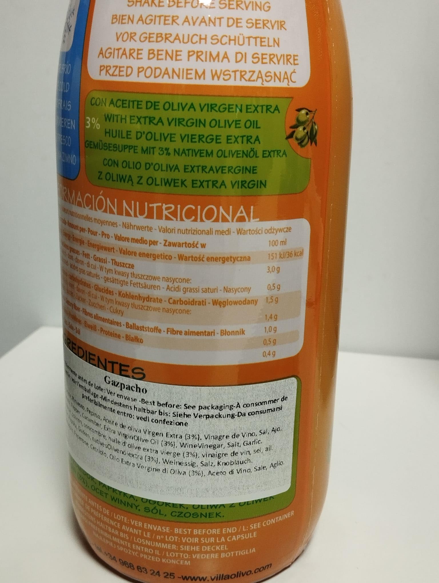 Villaolivo - Gaspacho 1L | Lot de 6 bouteilles en verre | Recette traditionnelle, 100% naturelle et sans conservateurs