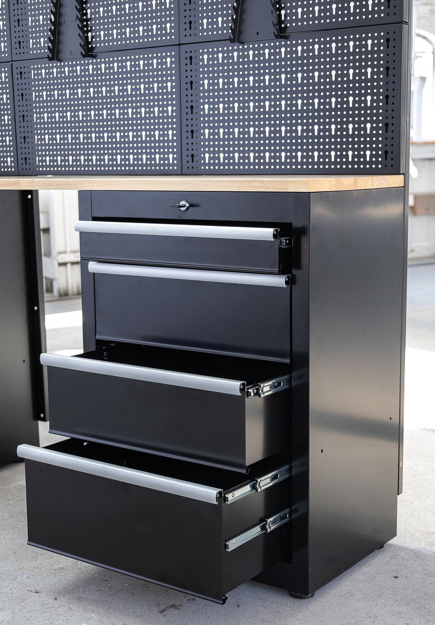 Ondis24 XL Werkstatt Komplett Set 260cm vormontierte Männerküche Werkstattrichtung modular mit Holzarbeitsplatte, Werkzeugschränke, Werkbank mit Schubladen (9 TLG.)