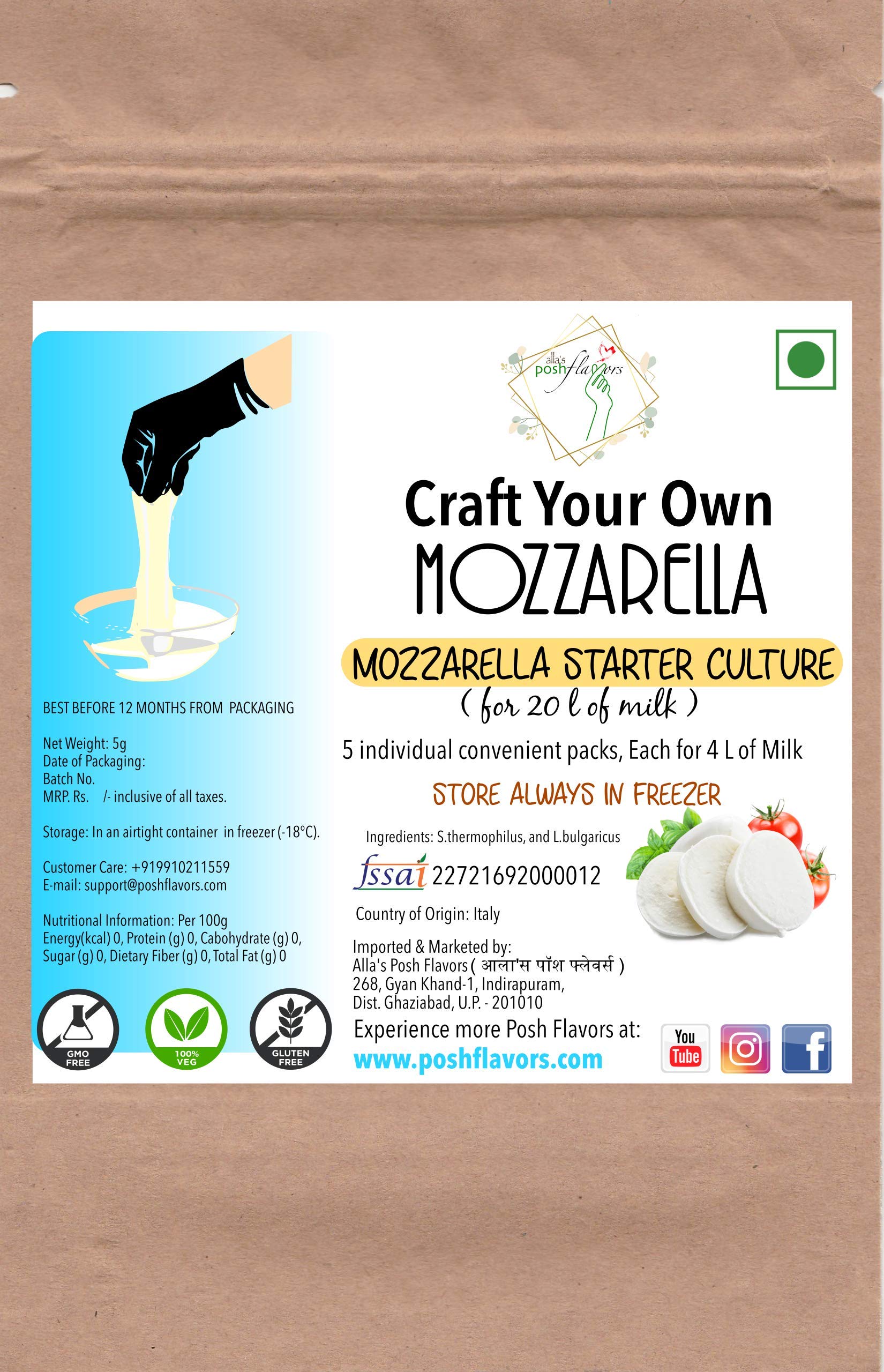 Alla's Posh Flavors Mozzarella Cheese Starter Culture | 5 convenient sachets | Non-GMO, Gluten-free, 100% Veg | Rennet Not Included (5 sachets, Each for 4L Milk)