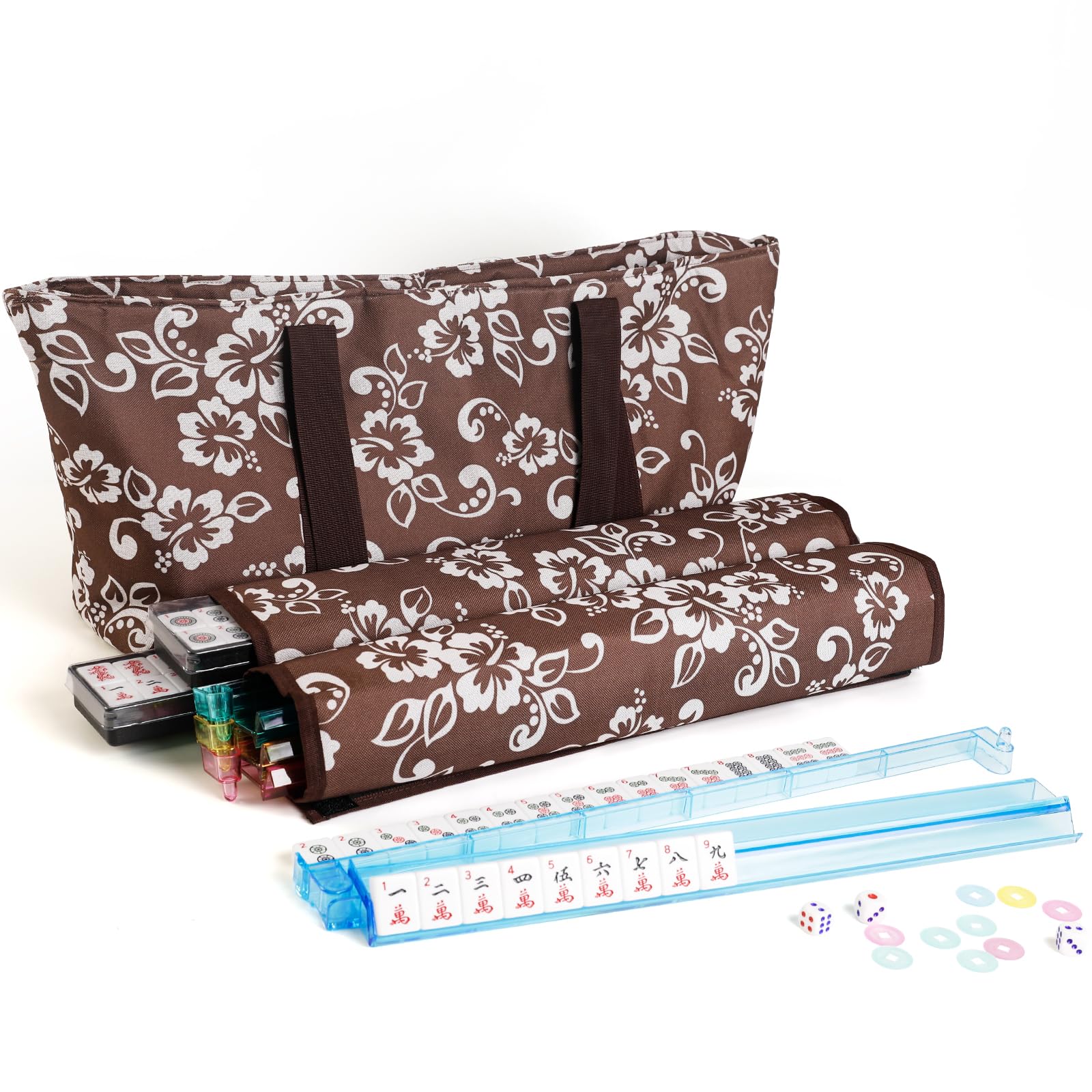 American Mahjong Game Set - Soft Bag 166 Premium Tiles with 4 All-in-One Rack/Pushers,100 Chips, 1 Wind Indicator, English Manual(Brown)