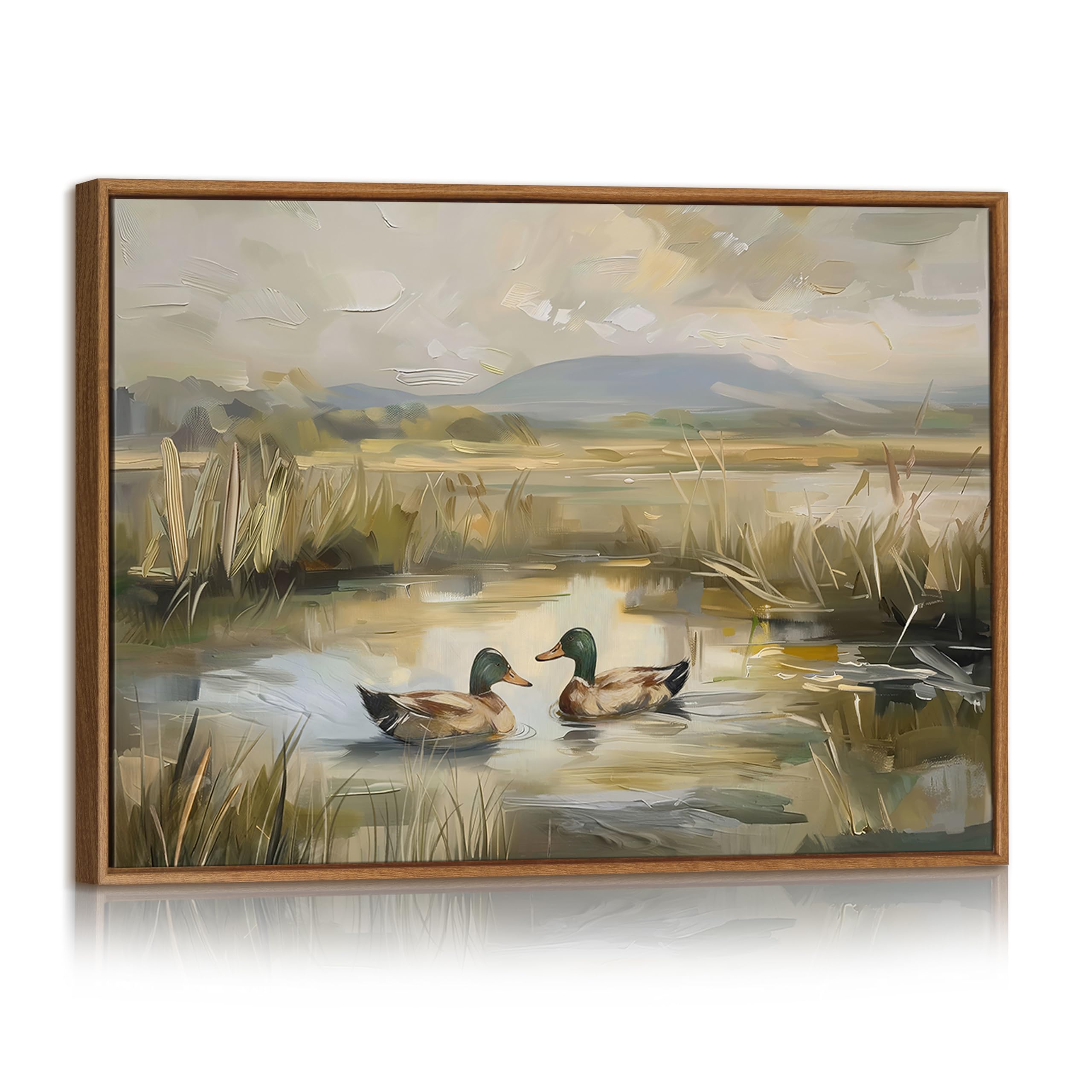 FajerminArt Vintage Mallard Duck Framed Canvas Wall Art, Rustic Spring Pond Reed Wall Painting Nature Countryside Lake Animal Canvas Printed Pictures Home Decor Artwork For Bedroom Living Room 30X40cm