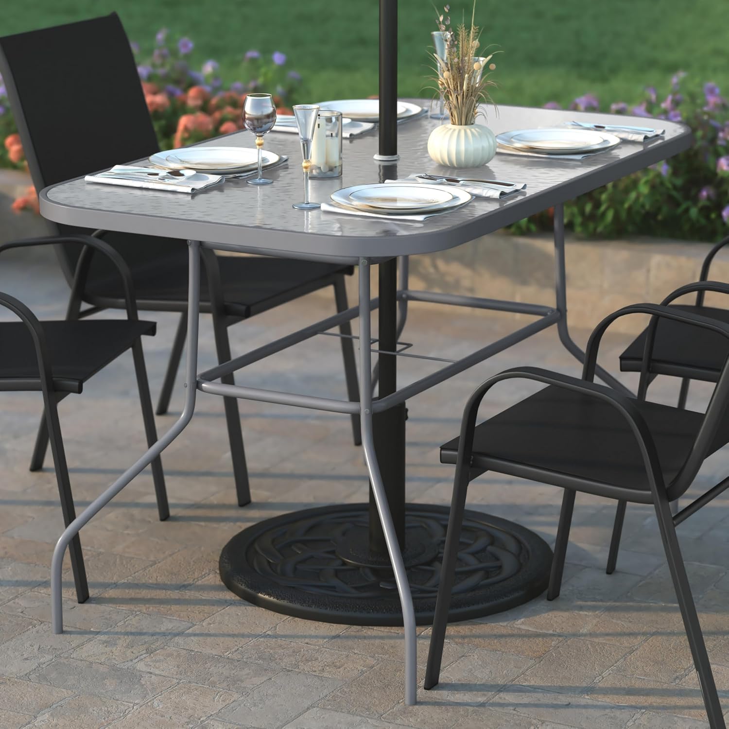 EMMA + OLIVER Tala Patio Dining Table - Silver Metal Frame - 31.5" x 55" Square Tempered Glass Top - Umbrella Hole - Suitable for Indoor/Outdoor Use