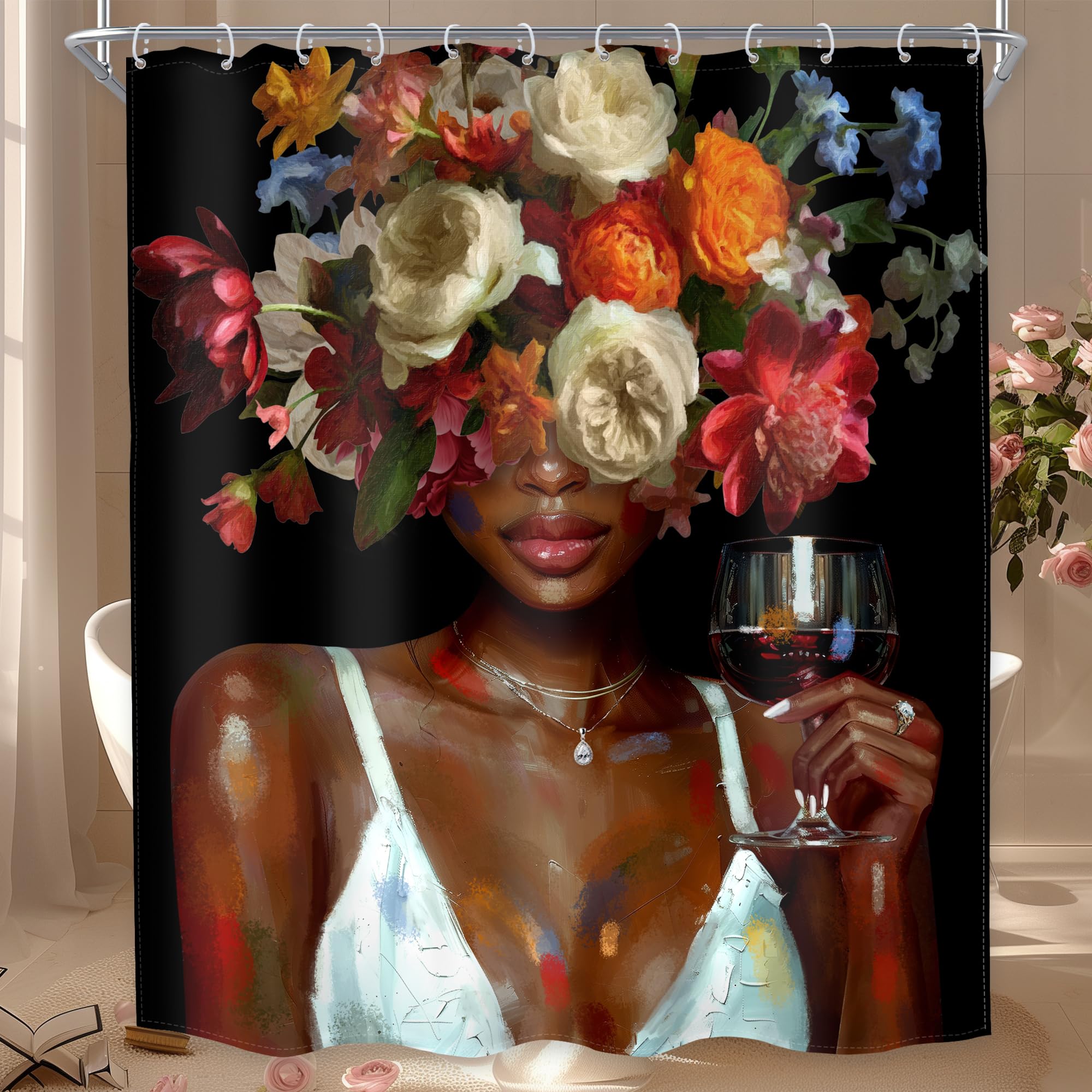 MESHELLY Floral Black Girl Shower Curtain 60Wx72H African American Peony Flower Vintage Oil Painting Bathroom Curtain Modern Elegant Bath Curtain