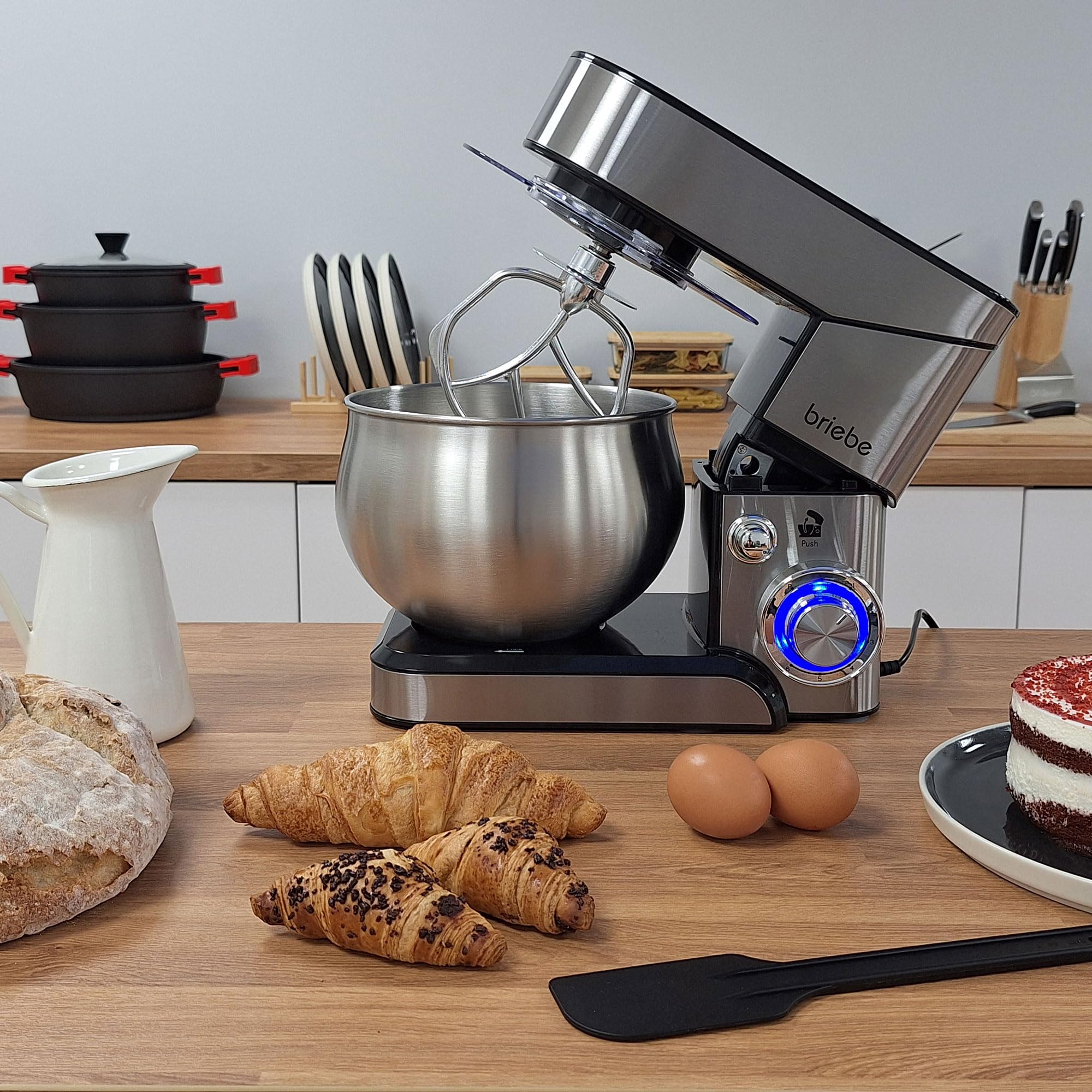 briebe Mikser do ciasta 1800 W MAX, profesjonalny robot kuchenny, ruch orbitalny, pręty, hak do ciasta, łopatka do mieszania, 5 l, 6 prędkości + funkcja pulsu, Inox KM1114