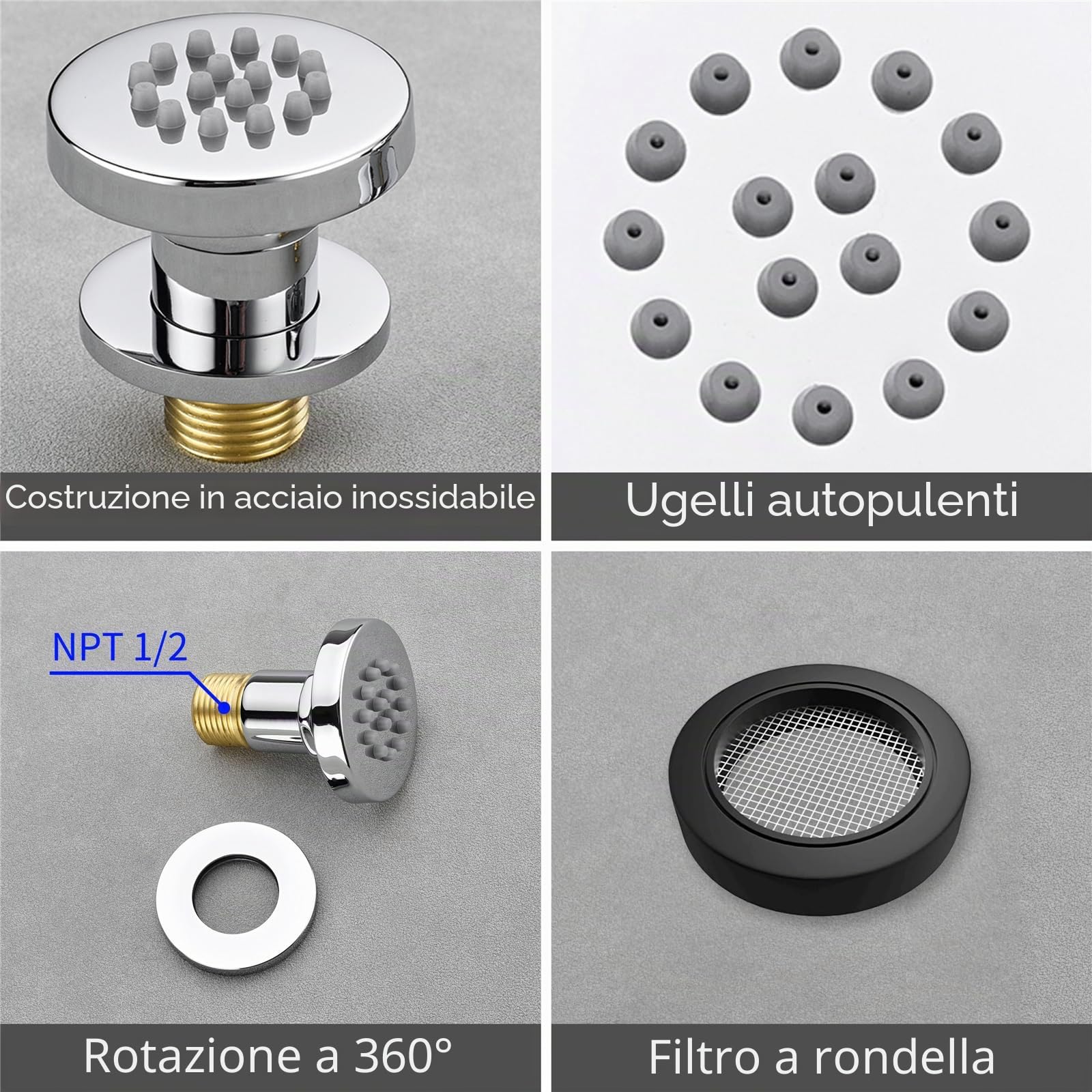 4pcs Bocchetta per Massaggi Cromo Getti Idromassaggio Doccia Ottone Bocchette Laterali per la Doccia Rotondo Regolabile Spruzzatore Laterale